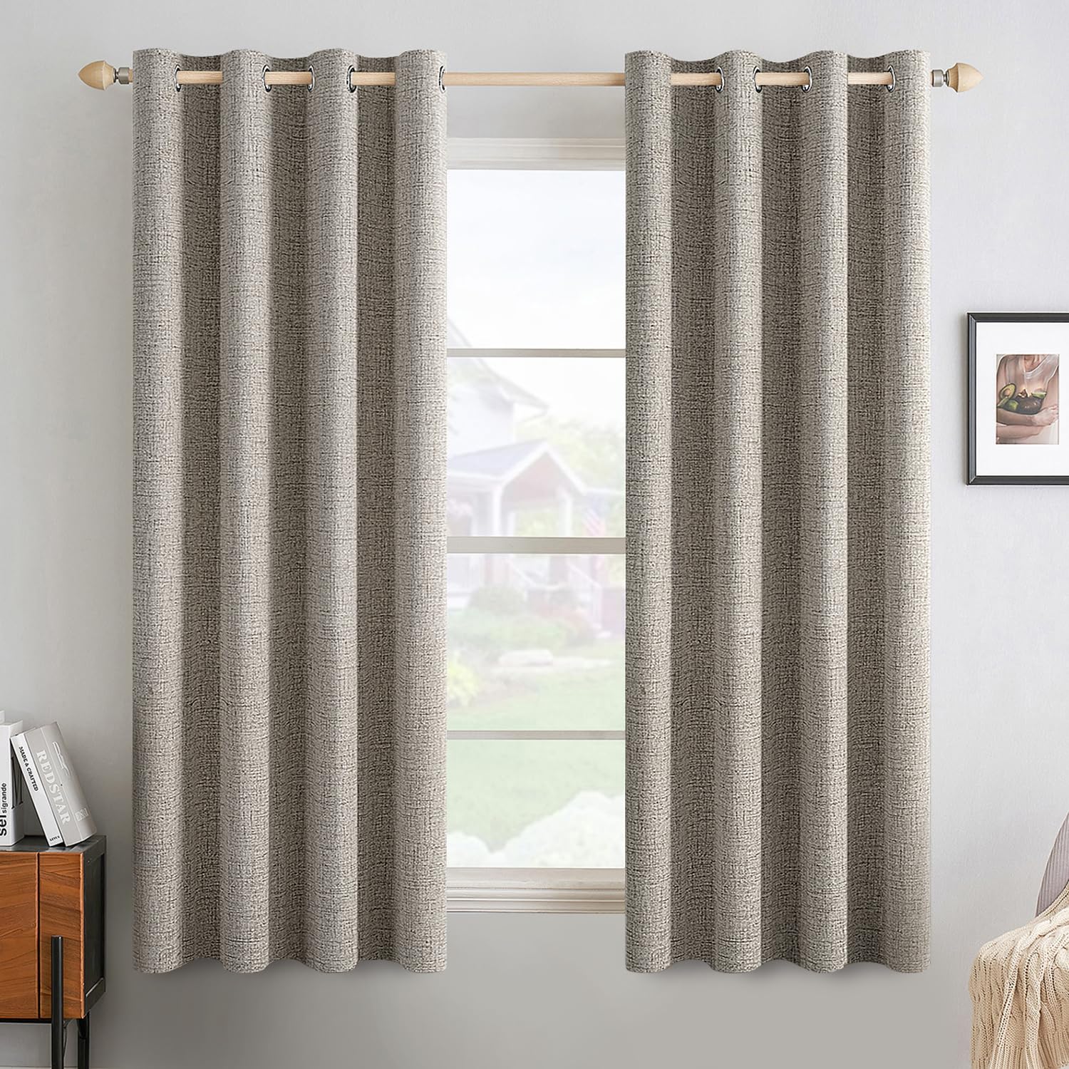 MIULEE 100% Blackout Linen Textured Curtains for Bedroom Solid Thermal Insulated Natural Beige Grommet Room Darkening Curtains & Drapes Luxury Decor for Living Room Nursery 52 x 96 Inch (2 Panels)