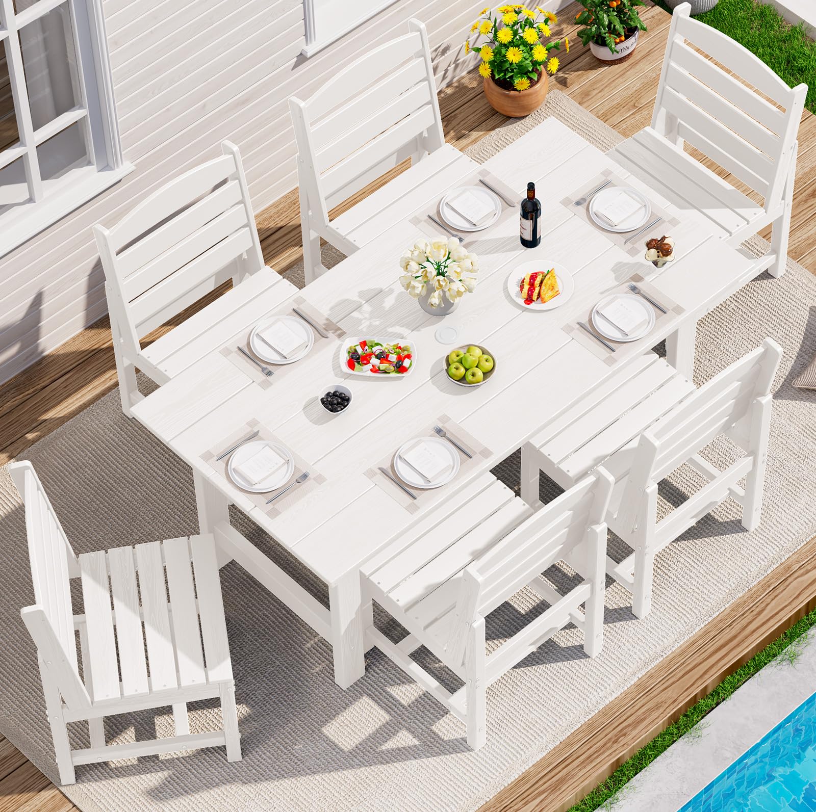 SERWALL 7-Piece Patio Dining Table Sets, Outdoor HDPE Dining Furniture Set with Umbrella Hole Cut-Out Table and 6 Chairs, Blue