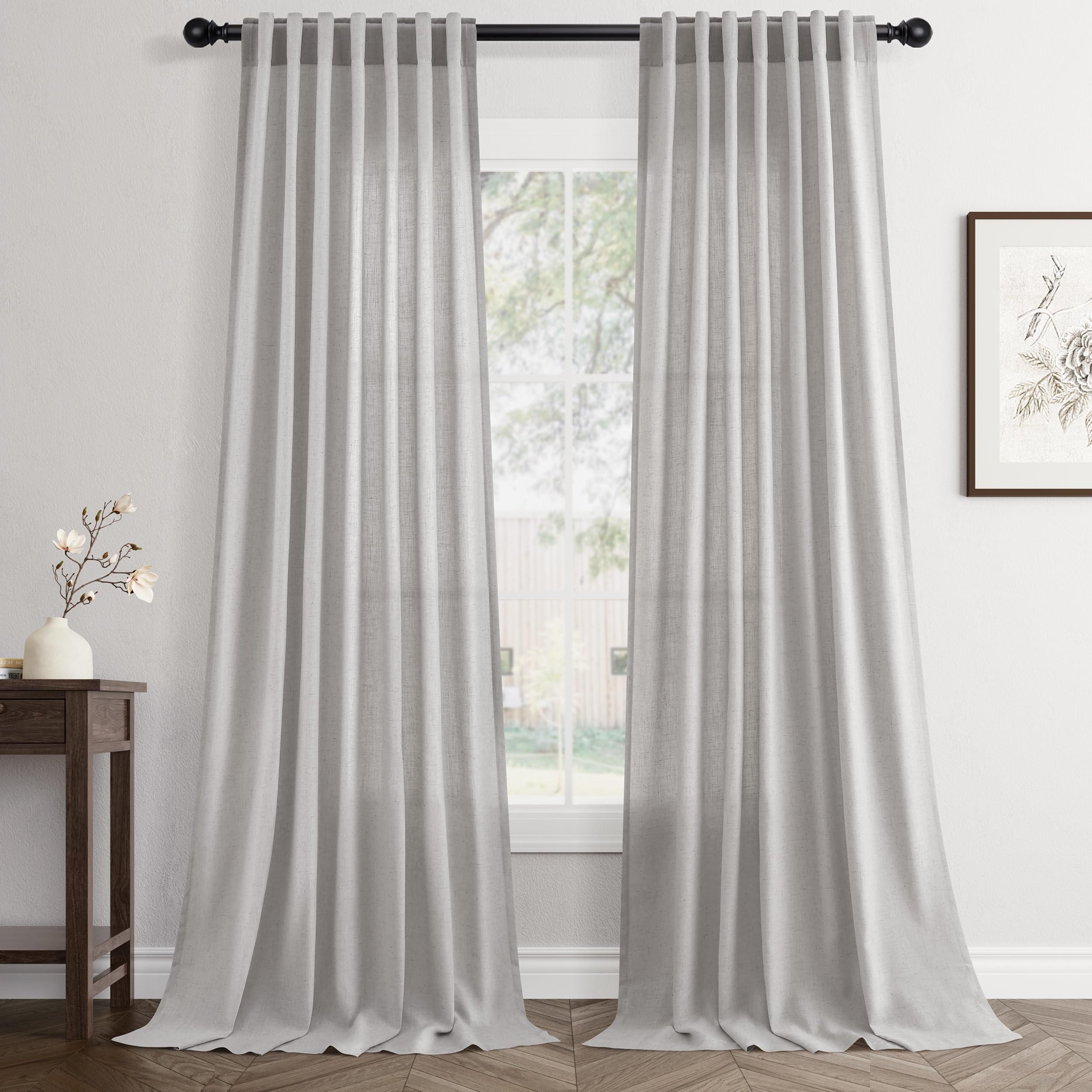 Flax Linen Beige Curtains 96 inches Long 2 Panel for Living Room Back Tab Pocket Drapes Semi Sheer Privacy Khaki Window Curtain Country Rustic Farmhouse Cloth Curtain for Dinning Room Tan