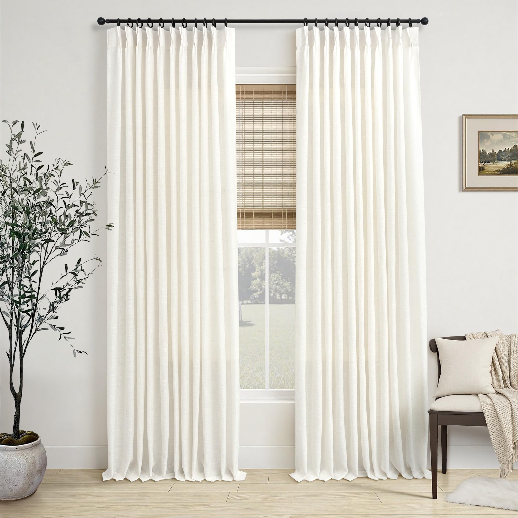 Natural Pinch Pleated Linen Cream Curtains 84 Inch Length 2 Panels for Living Room Bedroom Ivory Semi Sheer Light Filtering Modern Farmhouse Boho Neutral Rustic Long Drapes Back Tab Pleat Hooks Rings