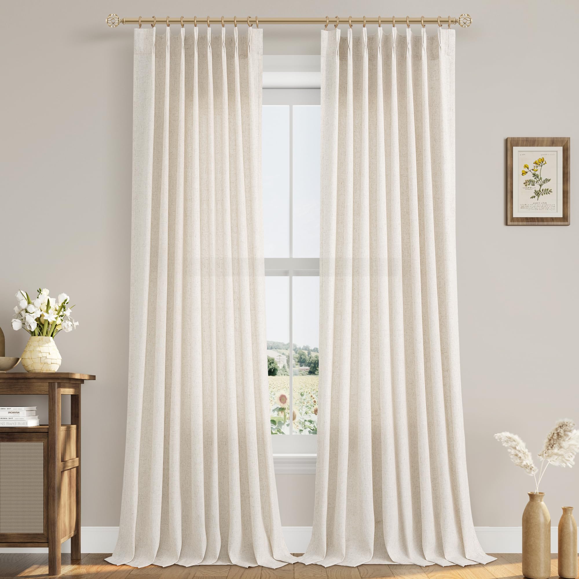 Extra Long Linen Curtains 108 Inch for Living Room Cream Pinch Pleated 9 FT Drapes Semi Sheer Ceiling to Floor Curtain for Bedroom Back Tab Flax Neutral Boho Decor Window, Natural Beige Ivory 2 Panels
