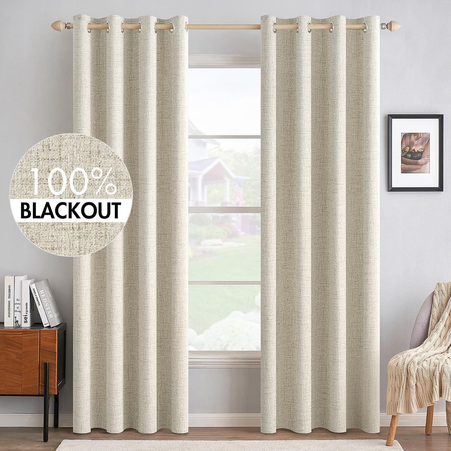 MIULEE 100% Blackout Linen Textured Curtains for Bedroom Solid Thermal Insulated Natural Beige Grommet Room Darkening Curtains & Drapes Luxury Decor for Living Room Nursery 52 x 96 Inch (2 Panels)
