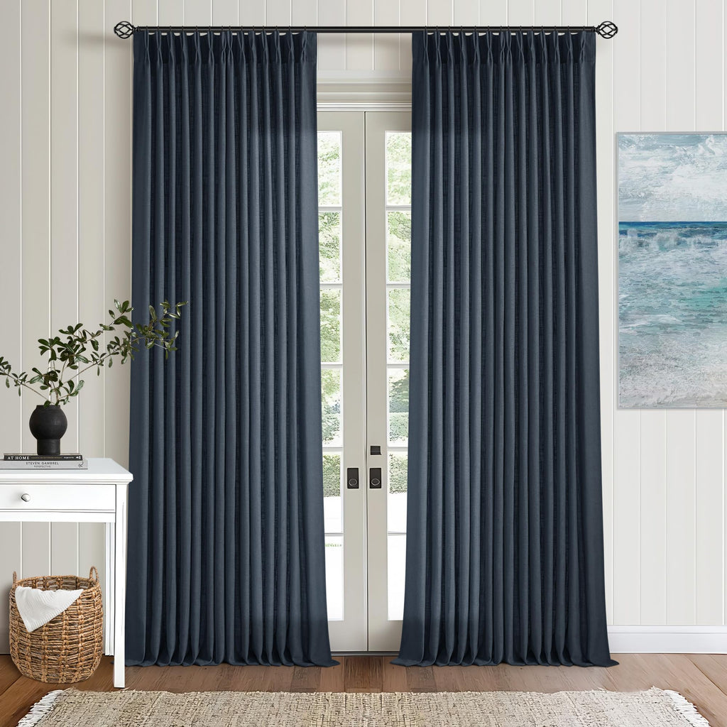 Pinch Pleated Linen Curtains 108 Inches Long for Living Room 2 Panels Set Cream Ivory Flax Double Pleated Drapes Back Tab Neutral Boho Ceiling Floor 108 Inch Window Curtains Bedroom Natural Birch
