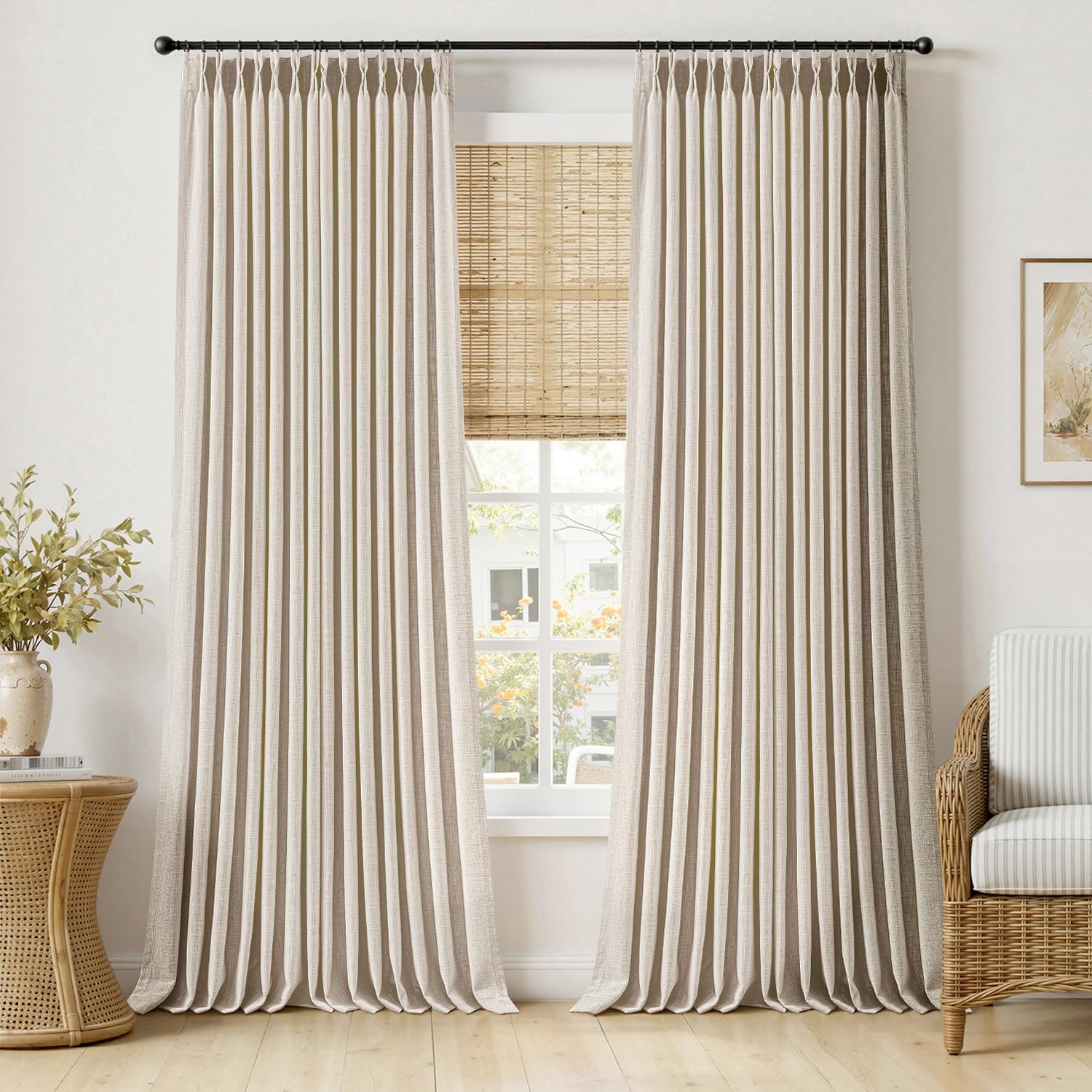 MIULEE Pinch Pleated Thick Linen Curtains 96 Inches Long 2 Panels for Living Room Bedroom, Memory Trained Pleat Drapes Light Filtering Natural Birch Semi Sheer Window Curtains Hooks Rings Back Tab