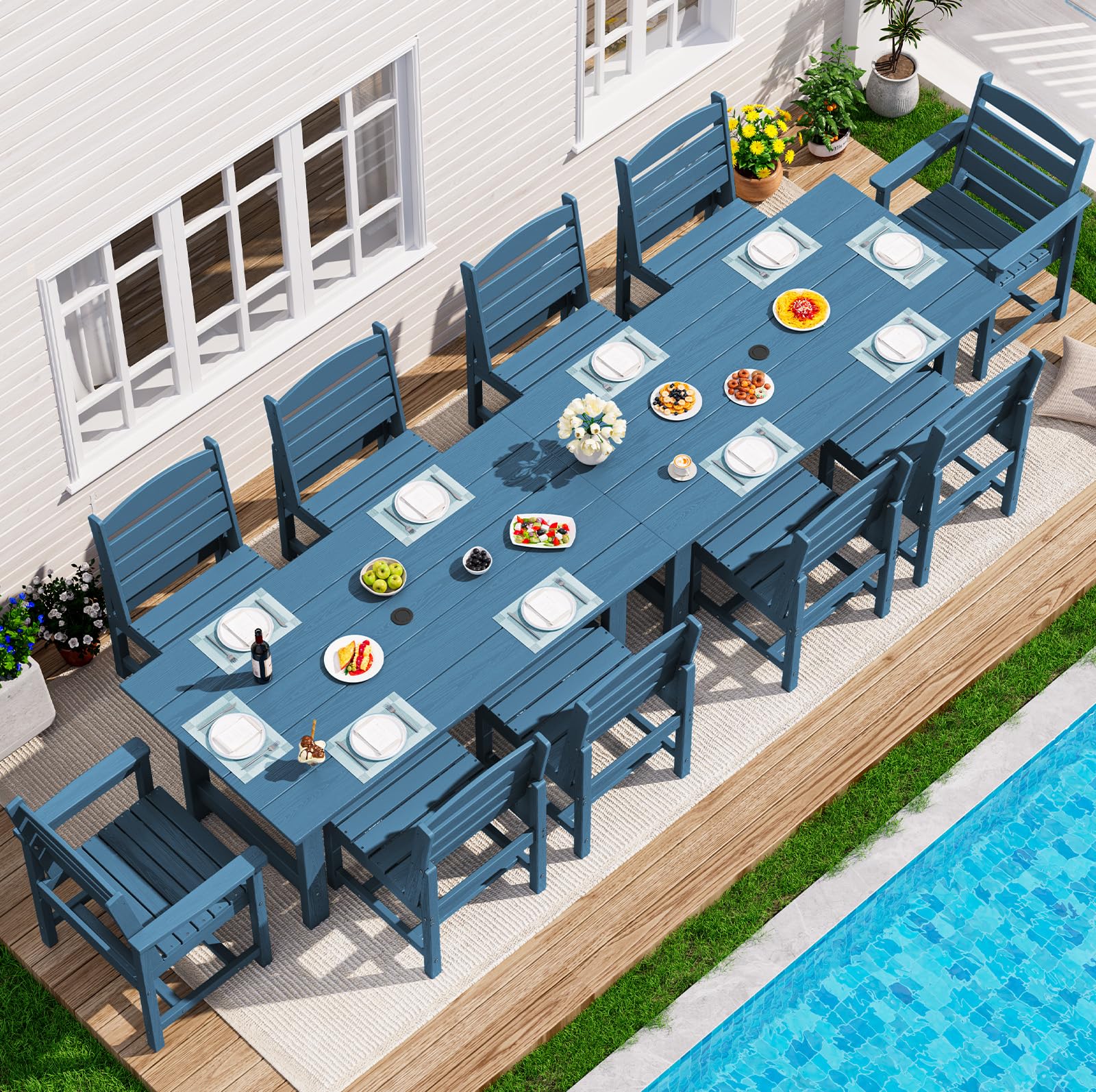 SERWALL 7-Piece Patio Dining Table Sets, Outdoor HDPE Dining Furniture Set with Umbrella Hole Cut-Out Table and 6 Chairs, Blue