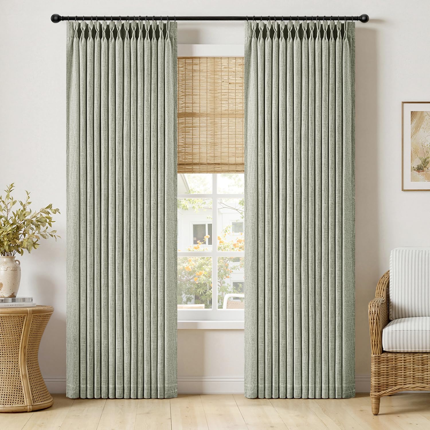 MIULEE Pinch Pleated Thick Linen Curtains 96 Inches Long 2 Panels for Living Room Bedroom, Memory Trained Pleat Drapes Light Filtering Natural Birch Semi Sheer Window Curtains Hooks Rings Back Tab