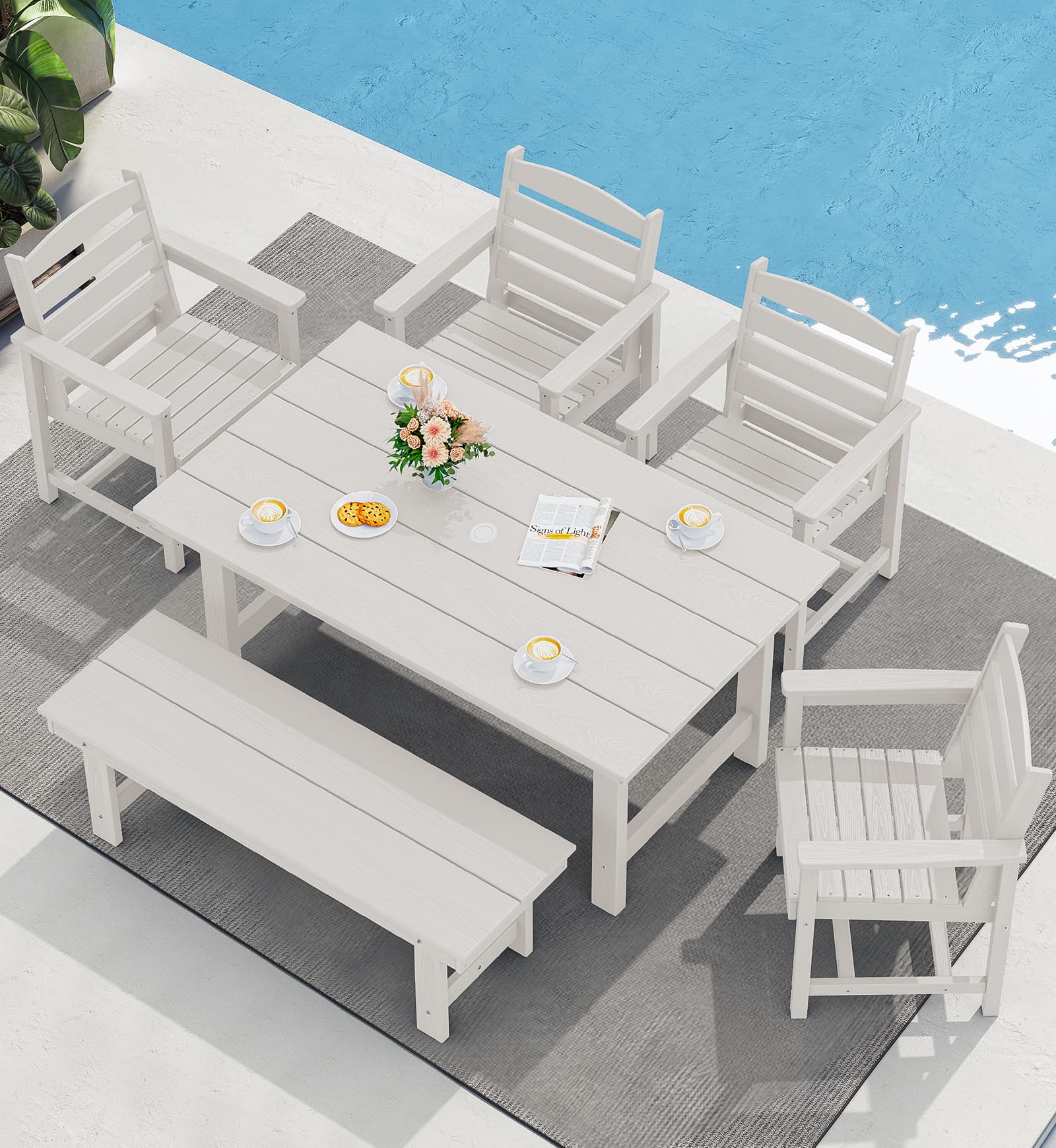 SERWALL 7-Piece Patio Dining Table Sets, Outdoor HDPE Dining Furniture Set with Umbrella Hole Cut-Out Table and 6 Chairs, Blue