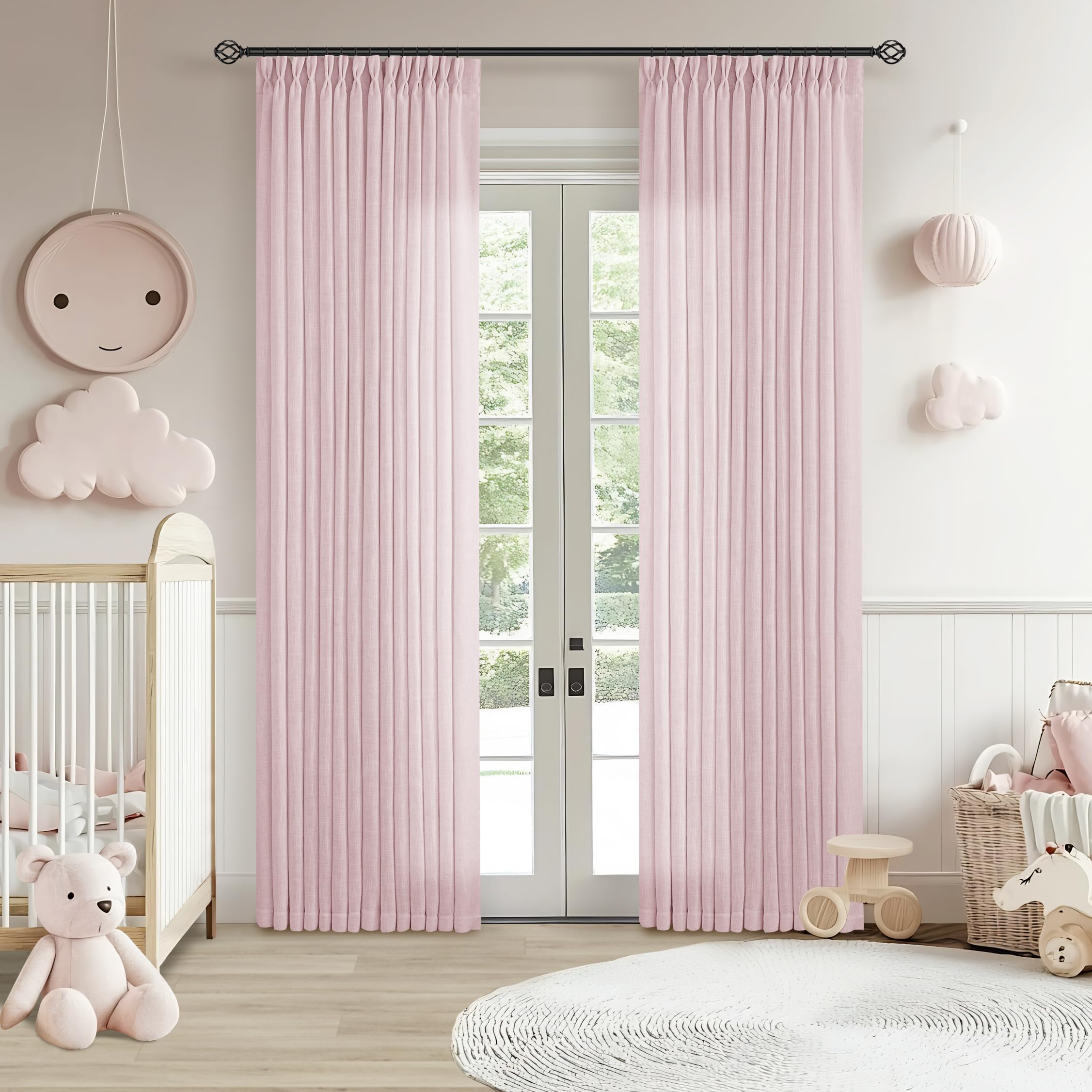 Pinch Pleated Linen Curtains 108 Inches Long for Living Room 2 Panels Set Cream Ivory Flax Double Pleated Drapes Back Tab Neutral Boho Ceiling Floor 108 Inch Window Curtains Bedroom Natural Birch