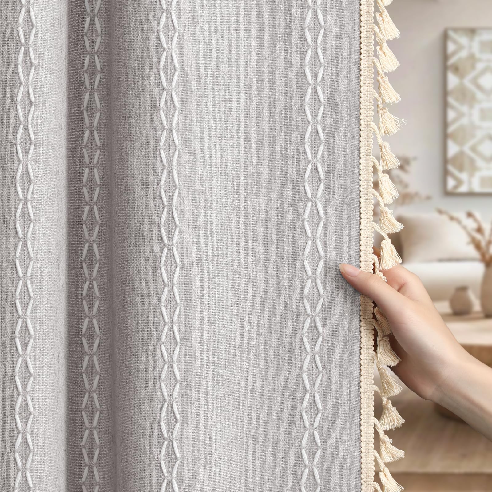 Boho Blackout Curtains 2 Panels 84 Inch for Living Room Bedroom, Beige Linen Texture Farmhouse Curtains with Tassels and Cotton Embroidery Vintage Rustic Western Rod Pocket