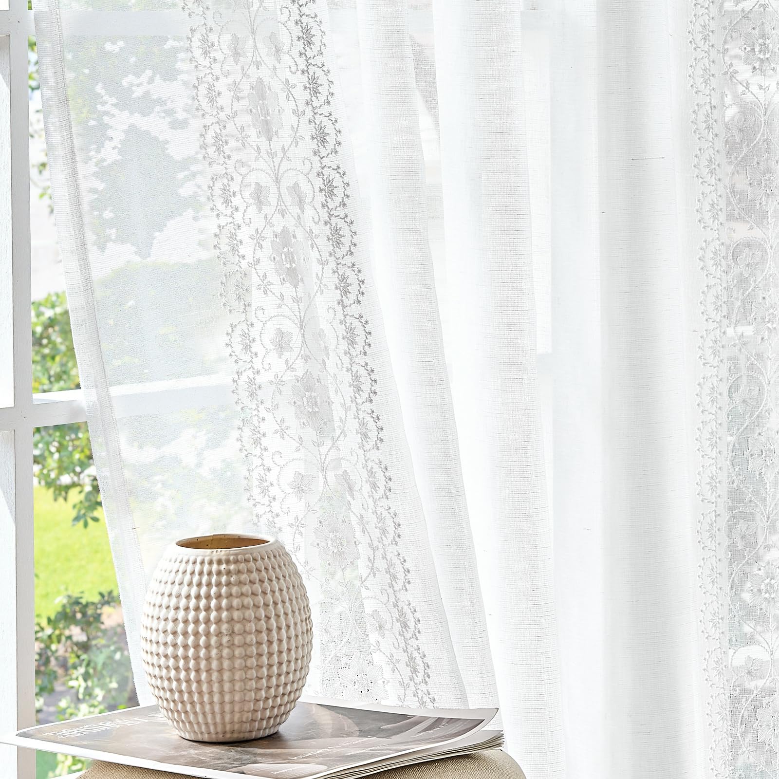 jinchan Weslie Boho Curtains for Bedroom Ivory Vintage Floral Farmhouse Curtains 84 Inches Long Linen Drapes for Living Room Embroidered Light Filtering Drapes Rod Pocket Ivory on Beige 2 Panels