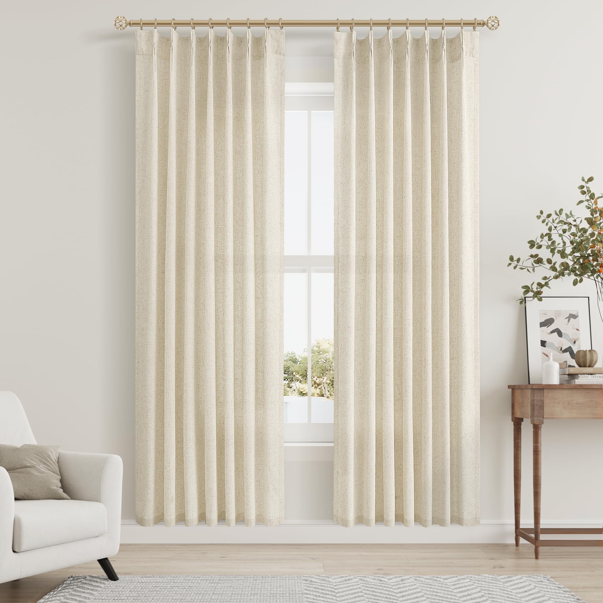 Extra Long Linen Curtains 108 Inch for Living Room Cream Pinch Pleated 9 FT Drapes Semi Sheer Ceiling to Floor Curtain for Bedroom Back Tab Flax Neutral Boho Decor Window, Natural Beige Ivory 2 Panels