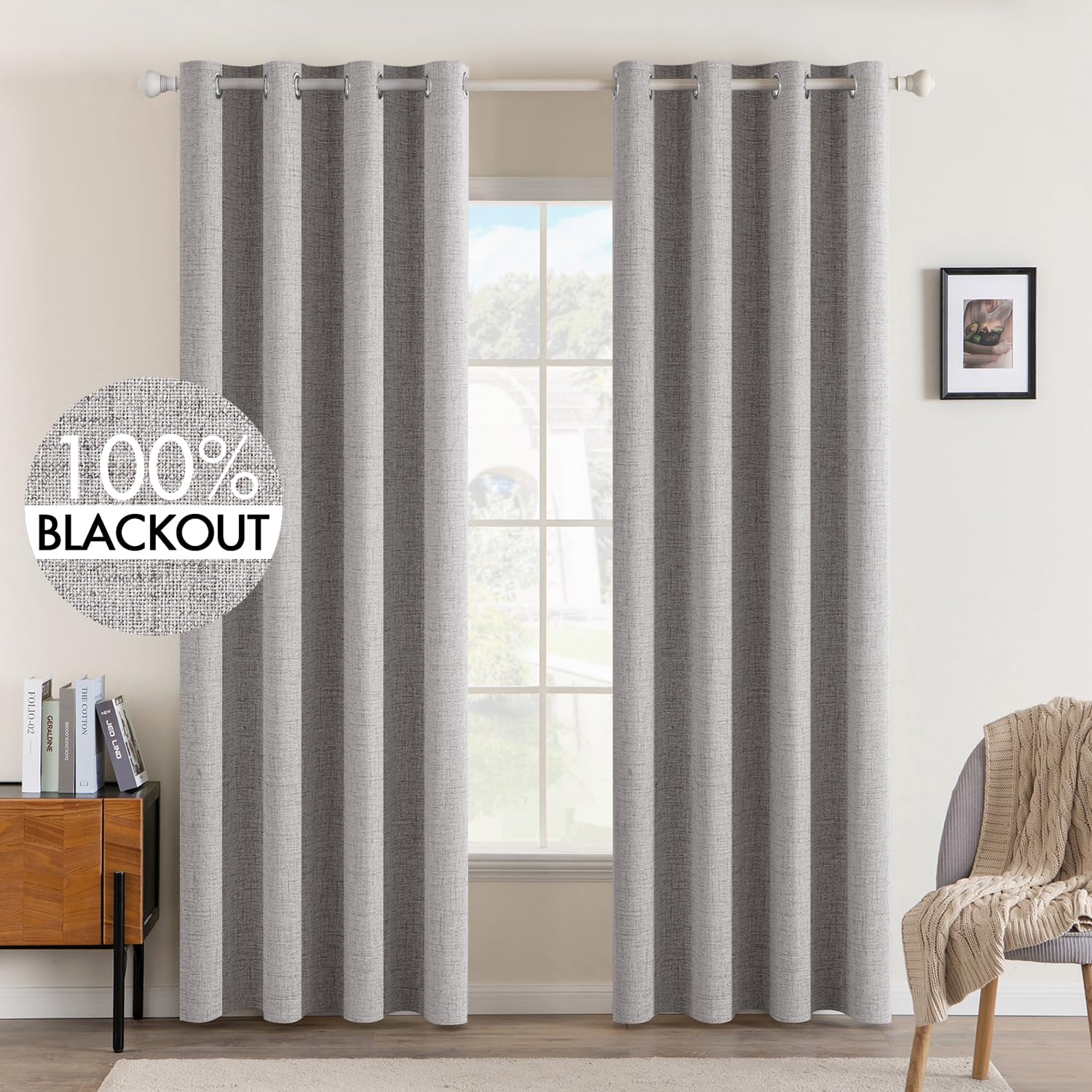 MIULEE Linen Texture Curtains for Bedroom Solid 100% Blackout Thermal Insulated Dusty Blue Curtains Grommet Room Darkening Drapes Luxury Decor for Living Room Nursery 52x84 Inch (2 Panels)