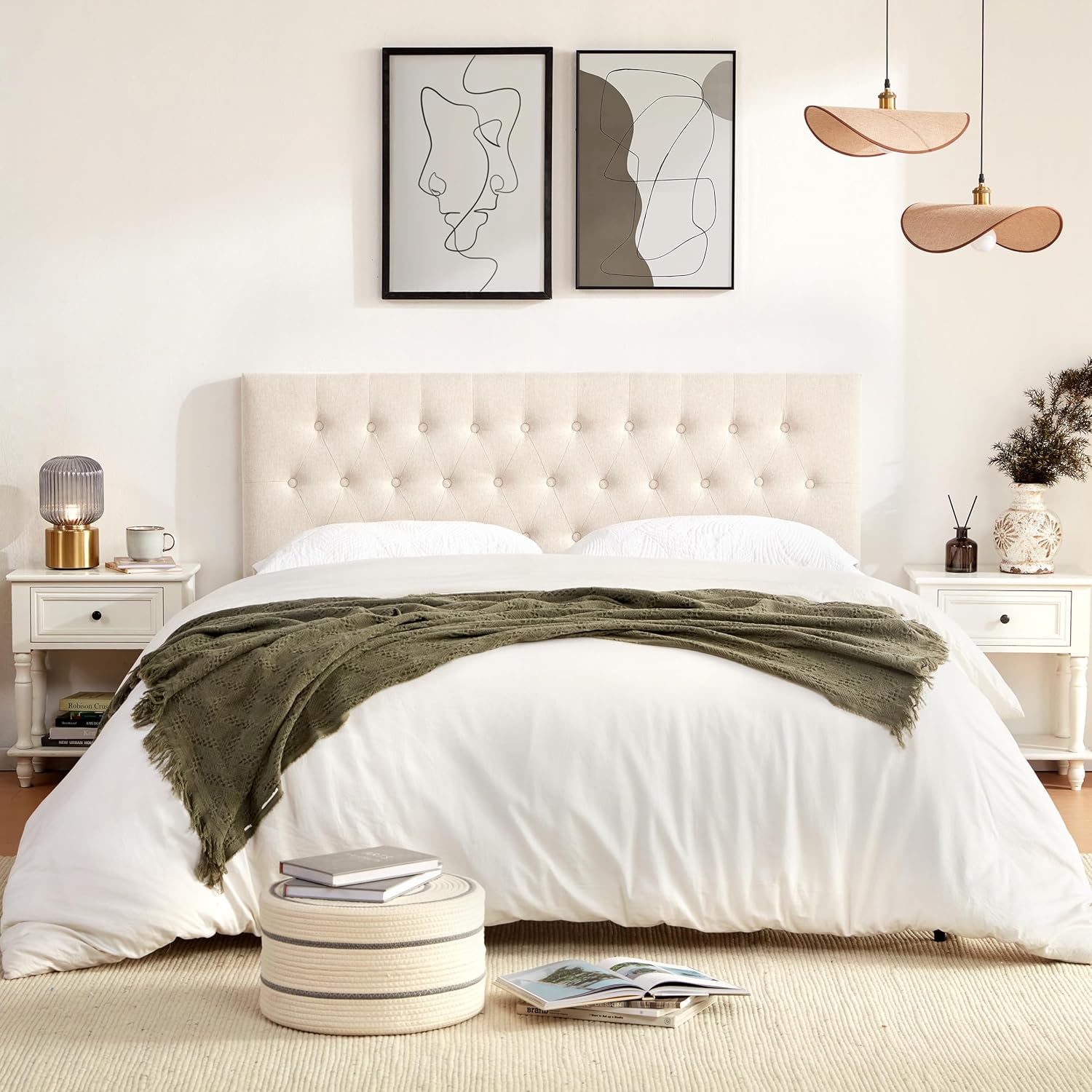 Huatean Home Tufted Upholstered Headboard Queen Size, Solid Wood Head Board with Durable Metal Legs, Adjustable Height Bed headboard from 37” to 51” Fabric Headboard in Modern Button Design, Beige