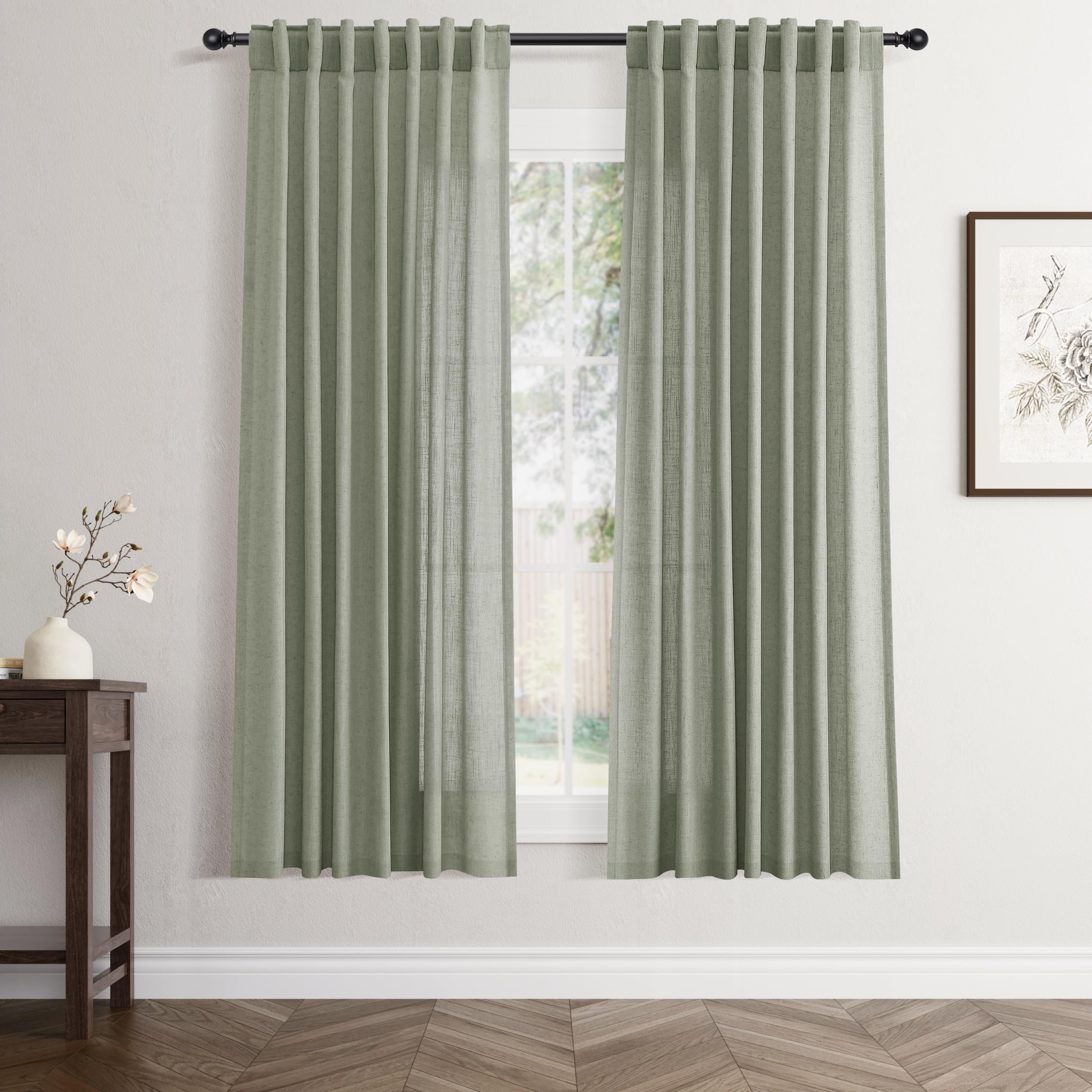 Flax Linen Beige Curtains 96 inches Long 2 Panel for Living Room Back Tab Pocket Drapes Semi Sheer Privacy Khaki Window Curtain Country Rustic Farmhouse Cloth Curtain for Dinning Room Tan