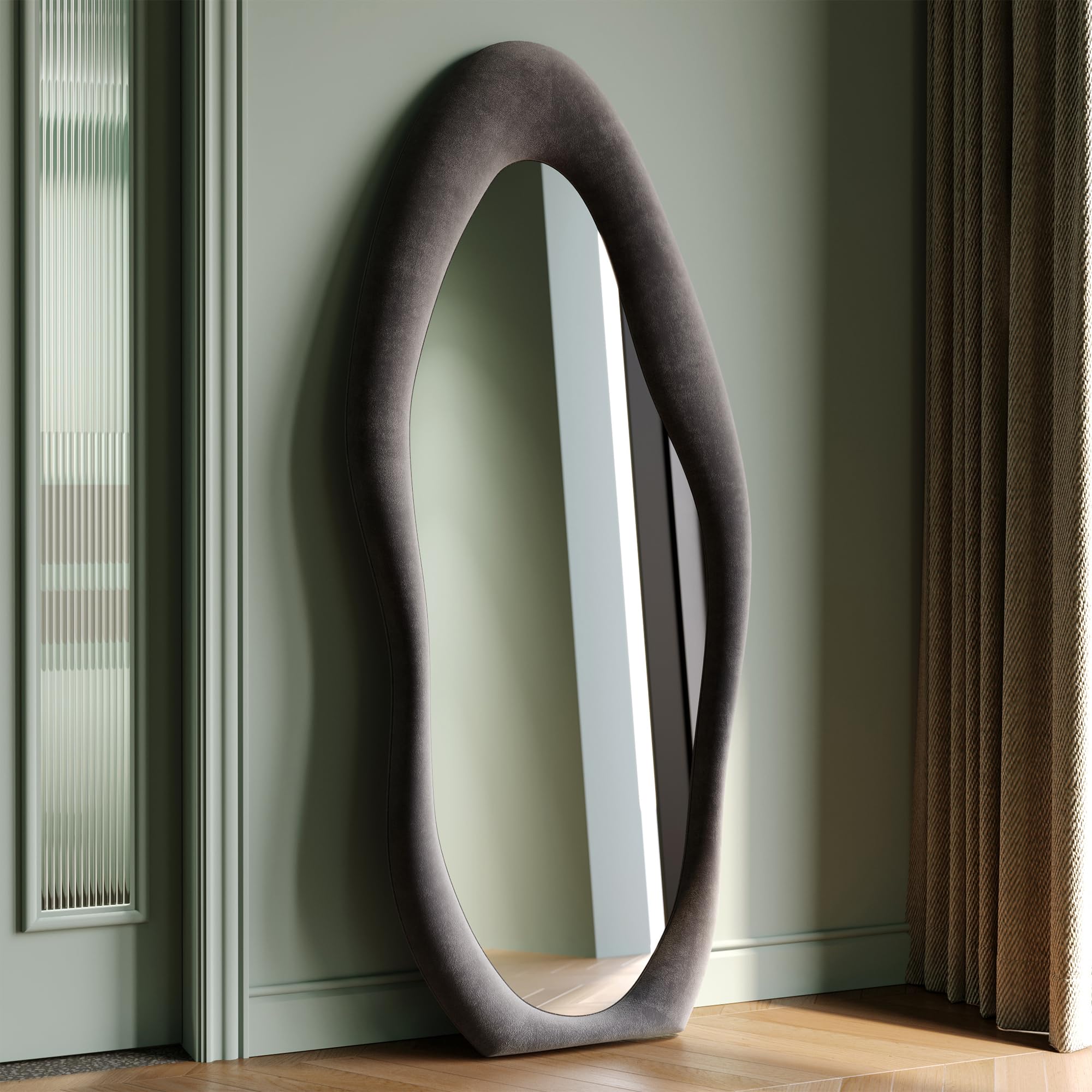 Honyee Full Length Mirror, 63" x 24" Wall Mirror, Flannel Wrapped Wooden Frame Floor Mirror, Irregular Wavy Mirror Hanging or Leaning Against Wall for Cloakroom/Bedroom/Living Room, Milk Tea