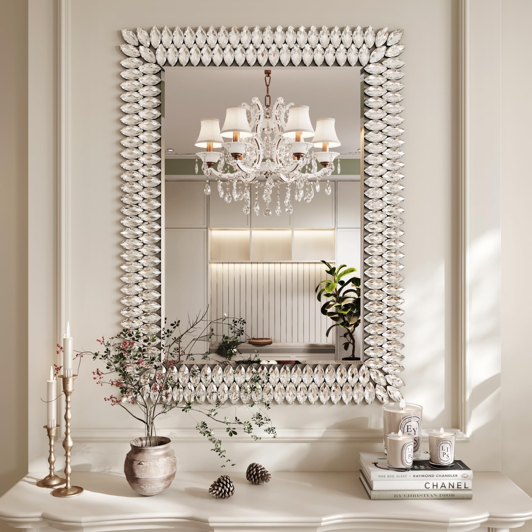 Kelly Miller Round Jeweled Mirror for Wall Decor, 26 in Modern Decorative Wall Mirror with Luxury Diamonds Beveled Vanity Mirror for Bedroom Dresser, Living Room Table, Bathroom, Hallway, Entryway