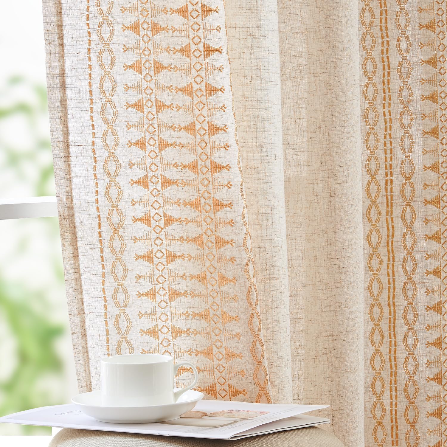 jinchan Weslie Boho Curtains for Bedroom Ivory Vintage Floral Farmhouse Curtains 84 Inches Long Linen Drapes for Living Room Embroidered Light Filtering Drapes Rod Pocket Ivory on Beige 2 Panels