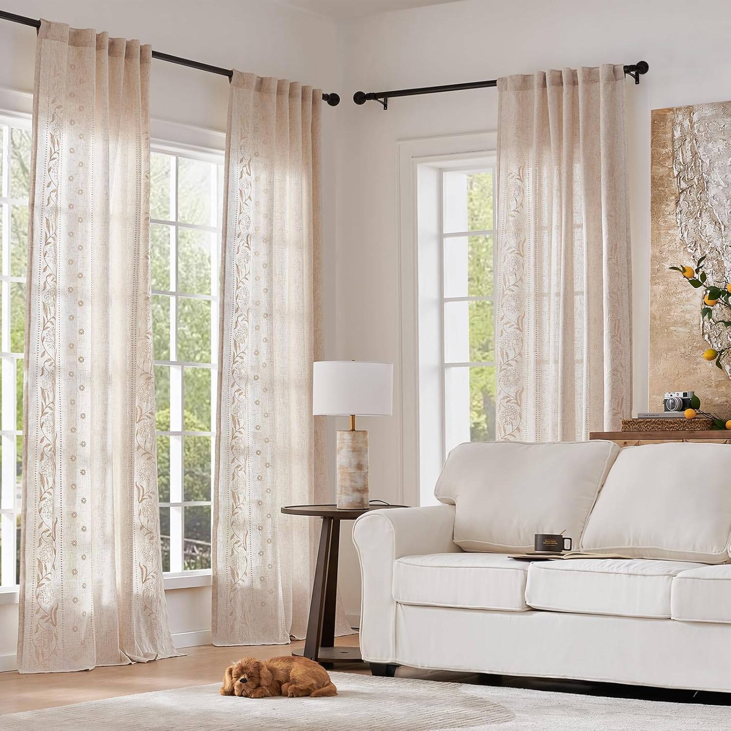 jinchan Winslow Linen Curtains for Bedroom 84 Inches Length Embroidered Bordered Floral Curtains for Living Room Farmhouse Decor Light Filtering Window Treatments Ivory on Beige Drapes 2 Panels