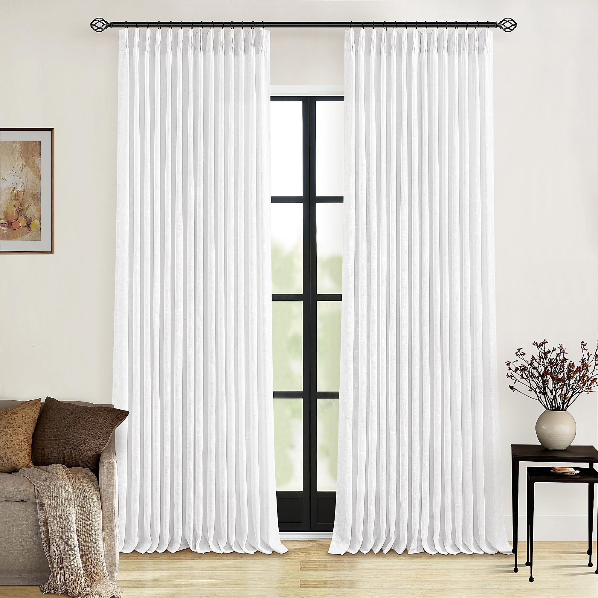 Pinch Pleated Linen Curtains 108 Inches Long for Living Room 2 Panels Set Cream Ivory Flax Double Pleated Drapes Back Tab Neutral Boho Ceiling Floor 108 Inch Window Curtains Bedroom Natural Birch