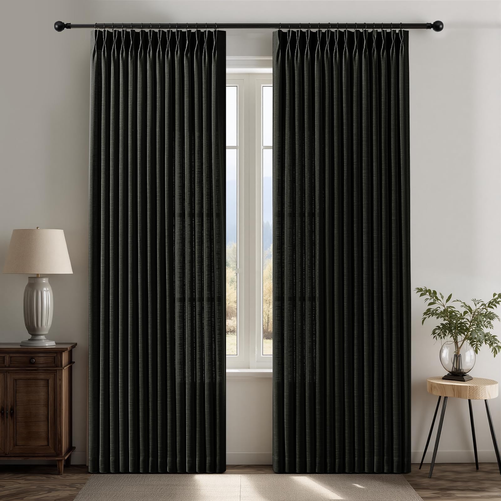 Pinch Pleated Linen Curtains 84 Inch Length 2 Panels Set, Light Filtering Linen Blend Sheer Drapes Memory Trained Pleated Curtain Back Tab with Hooks Rings for Living Room Bedroom, Natural, W40xL84