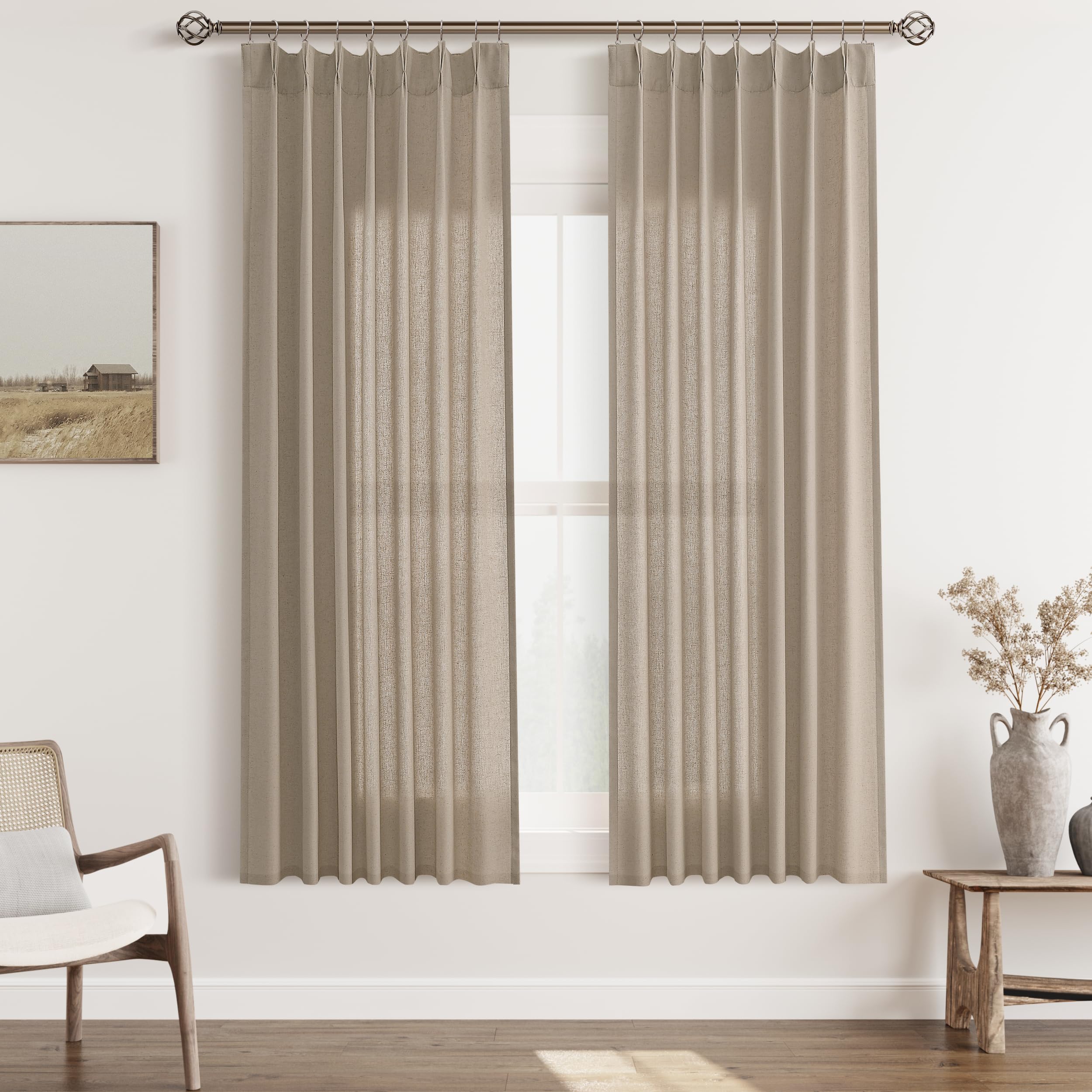 Extra Long Linen Curtains 108 Inch for Living Room Cream Pinch Pleated 9 FT Drapes Semi Sheer Ceiling to Floor Curtain for Bedroom Back Tab Flax Neutral Boho Decor Window, Natural Beige Ivory 2 Panels