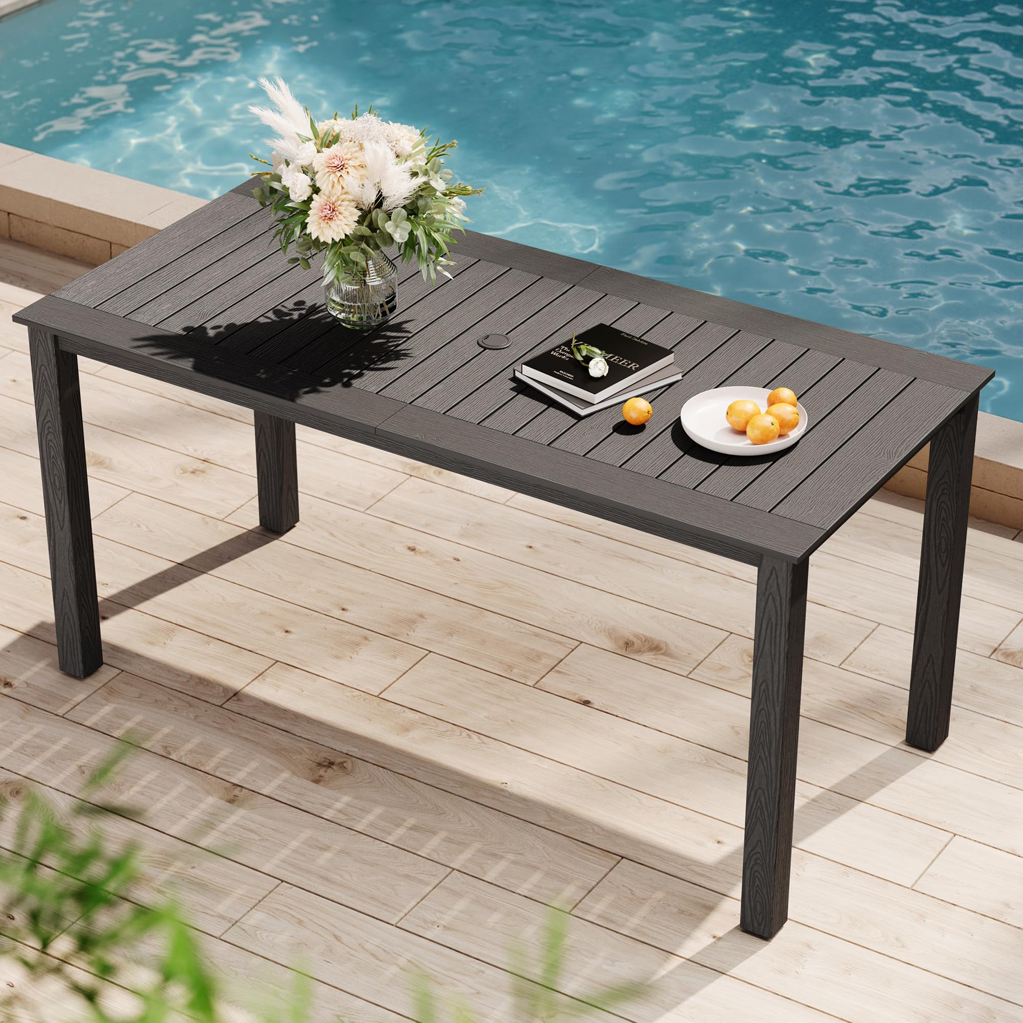 YEFU HIPS Patio Table Set: 7 Piece Outdoor Table and Chairs Dining Furniture Set with Umbrella Hole - Teak Modern Plastic Dining Sets 6 Person for Outside Deck with Metal Aluminum Frame