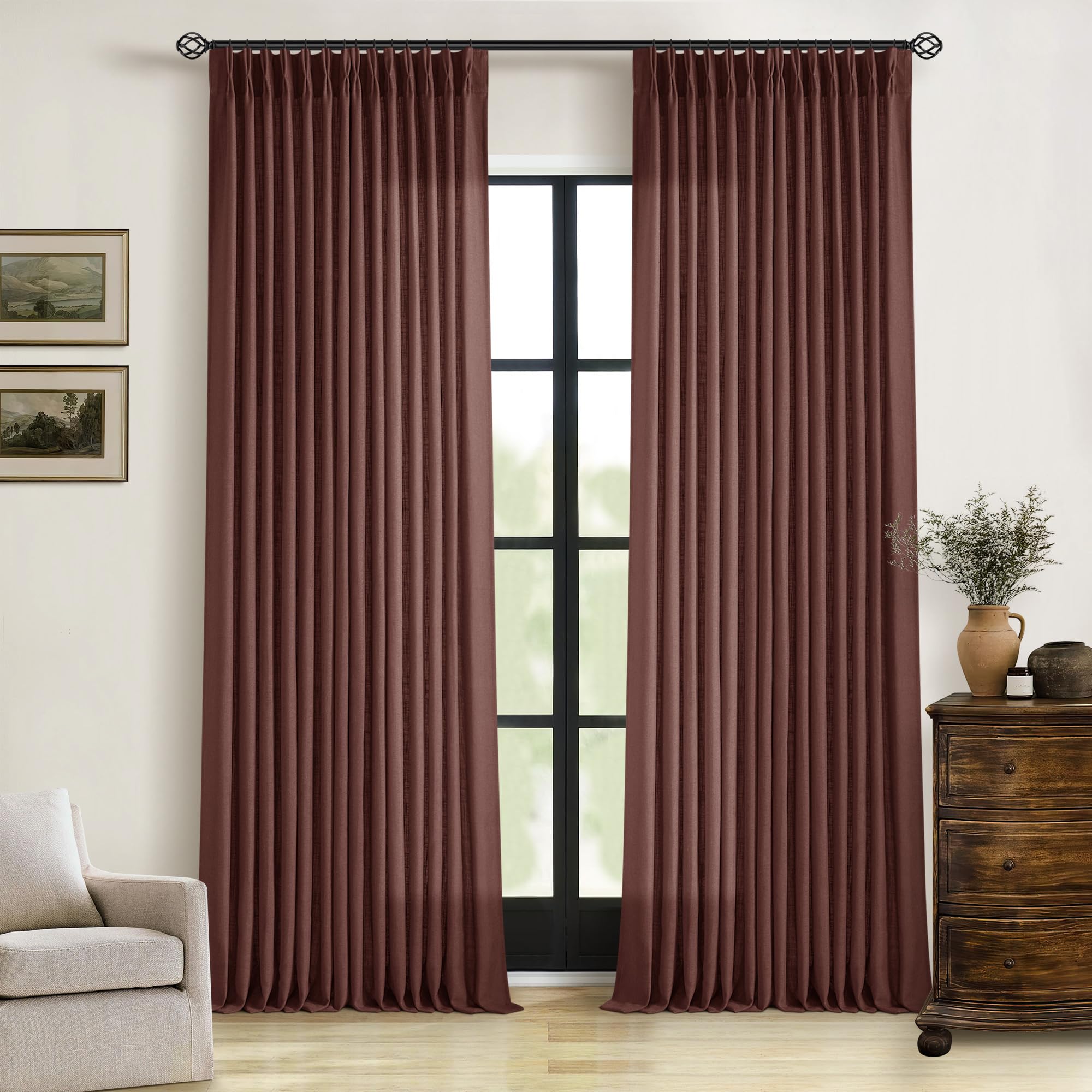 Pinch Pleated Linen Curtains 108 Inches Long for Living Room 2 Panels Set Cream Ivory Flax Double Pleated Drapes Back Tab Neutral Boho Ceiling Floor 108 Inch Window Curtains Bedroom Natural Birch