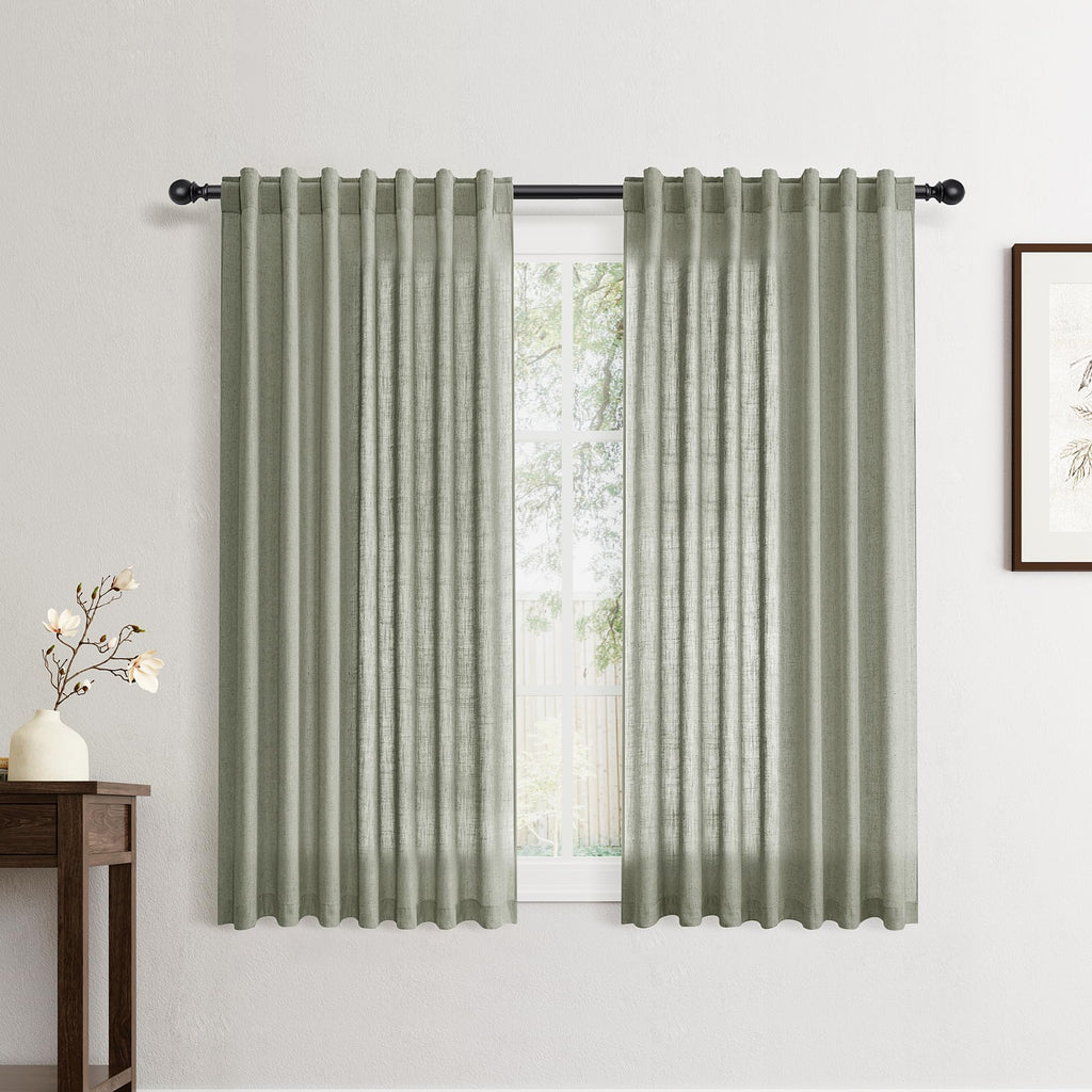 Flax Linen Beige Curtains 96 inches Long 2 Panel for Living Room Back Tab Pocket Drapes Semi Sheer Privacy Khaki Window Curtain Country Rustic Farmhouse Cloth Curtain for Dinning Room Tan