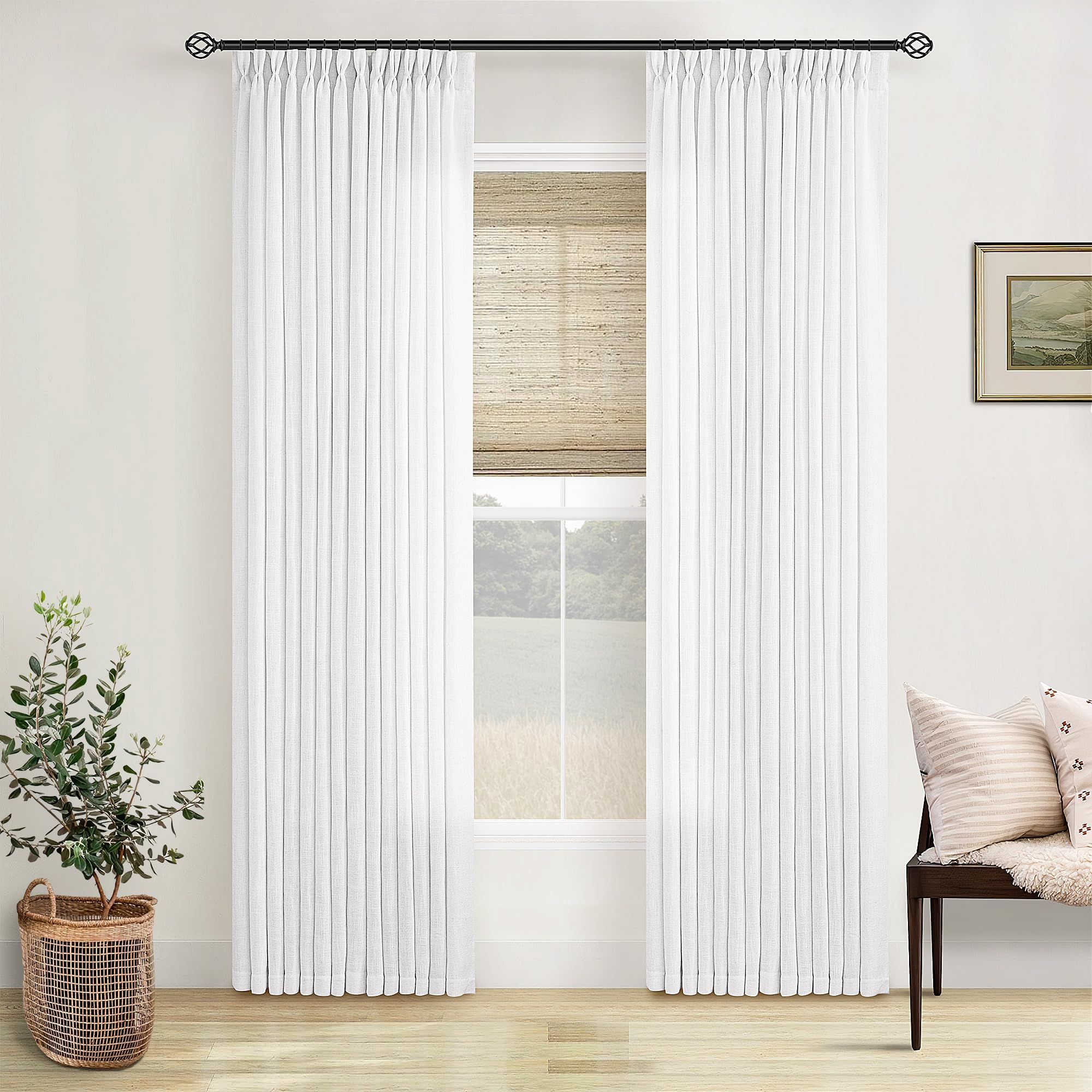 Pinch Pleated Linen Curtains 108 Inches Long for Living Room 2 Panels Set Cream Ivory Flax Double Pleated Drapes Back Tab Neutral Boho Ceiling Floor 108 Inch Window Curtains Bedroom Natural Birch