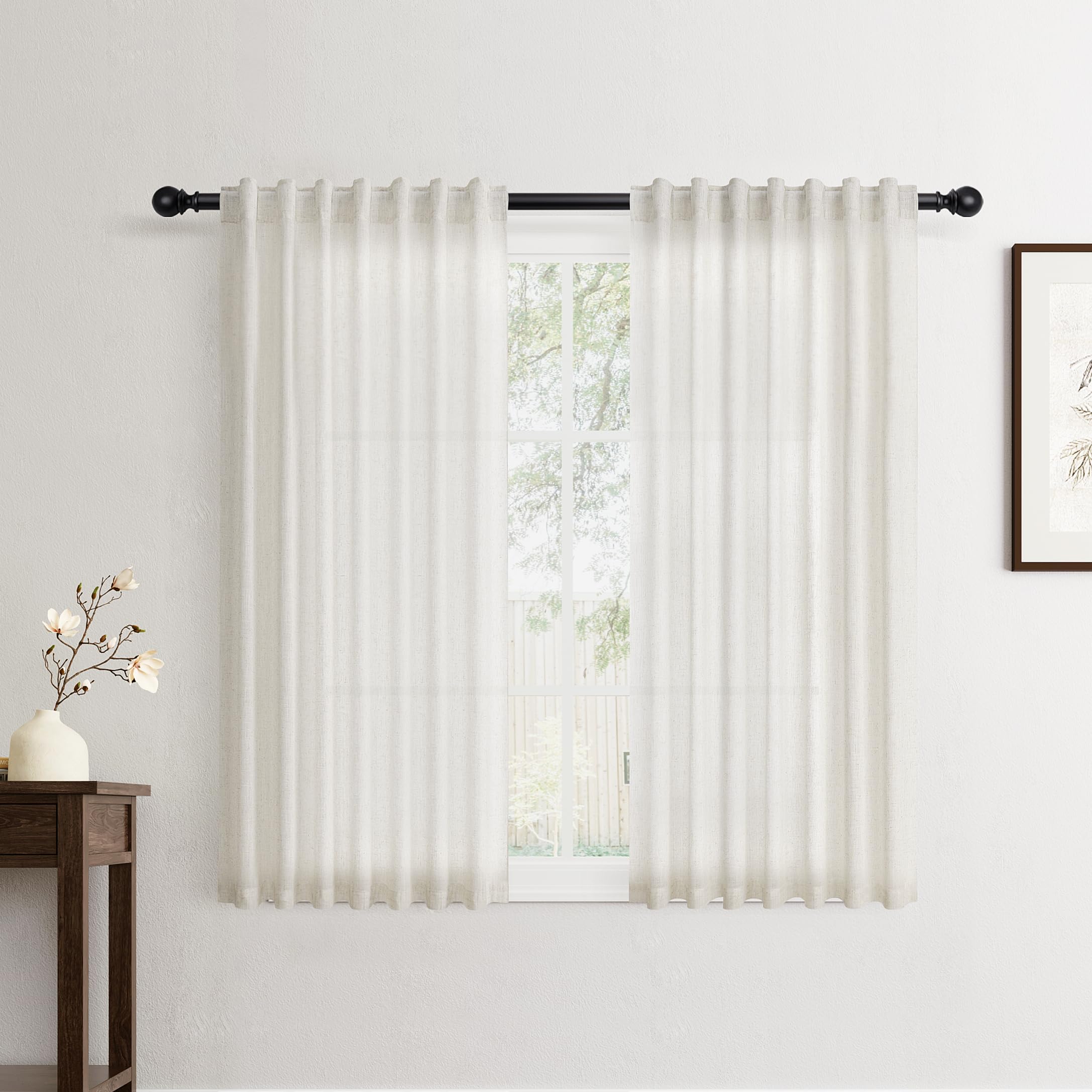 Flax Linen Beige Curtains 96 inches Long 2 Panel for Living Room Back Tab Pocket Drapes Semi Sheer Privacy Khaki Window Curtain Country Rustic Farmhouse Cloth Curtain for Dinning Room Tan