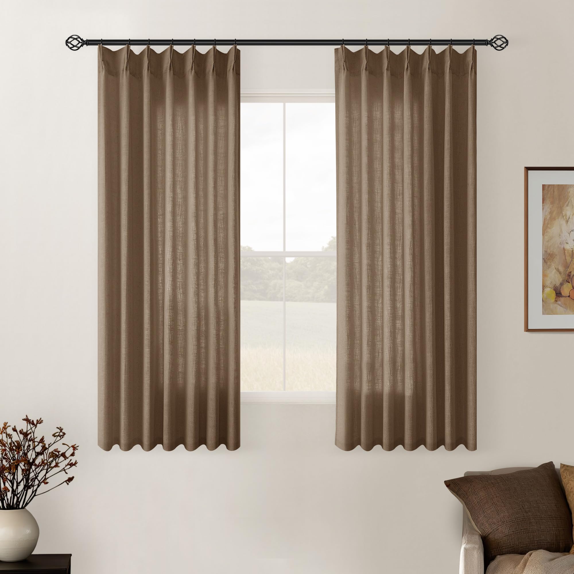 Pinch Pleated Linen Curtains 108 Inches Long for Living Room 2 Panels Set Cream Ivory Flax Double Pleated Drapes Back Tab Neutral Boho Ceiling Floor 108 Inch Window Curtains Bedroom Natural Birch