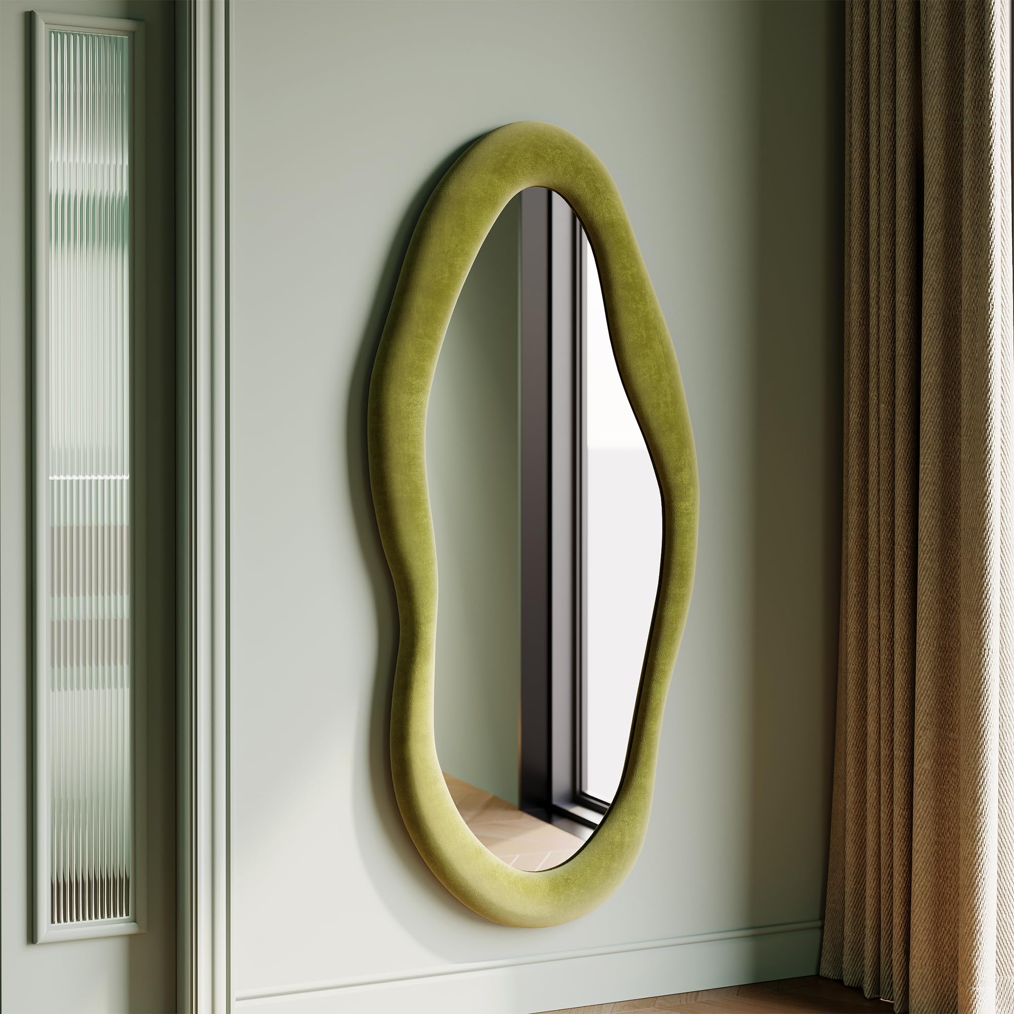 Honyee Full Length Mirror, 63" x 24" Wall Mirror, Flannel Wrapped Wooden Frame Floor Mirror, Irregular Wavy Mirror Hanging or Leaning Against Wall for Cloakroom/Bedroom/Living Room, Milk Tea