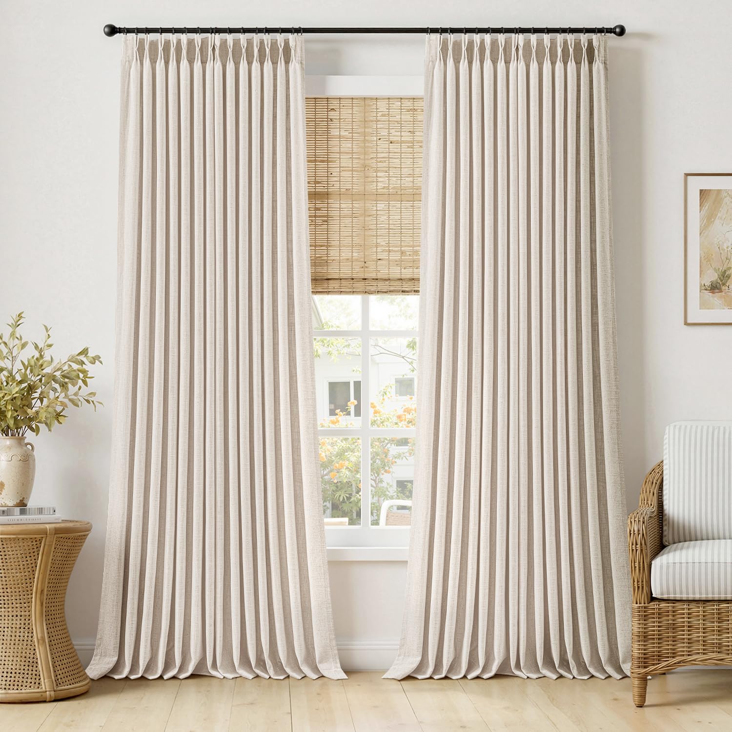 MIULEE Pinch Pleated Thick Linen Curtains 96 Inches Long 2 Panels for Living Room Bedroom, Memory Trained Pleat Drapes Light Filtering Natural Birch Semi Sheer Window Curtains Hooks Rings Back Tab
