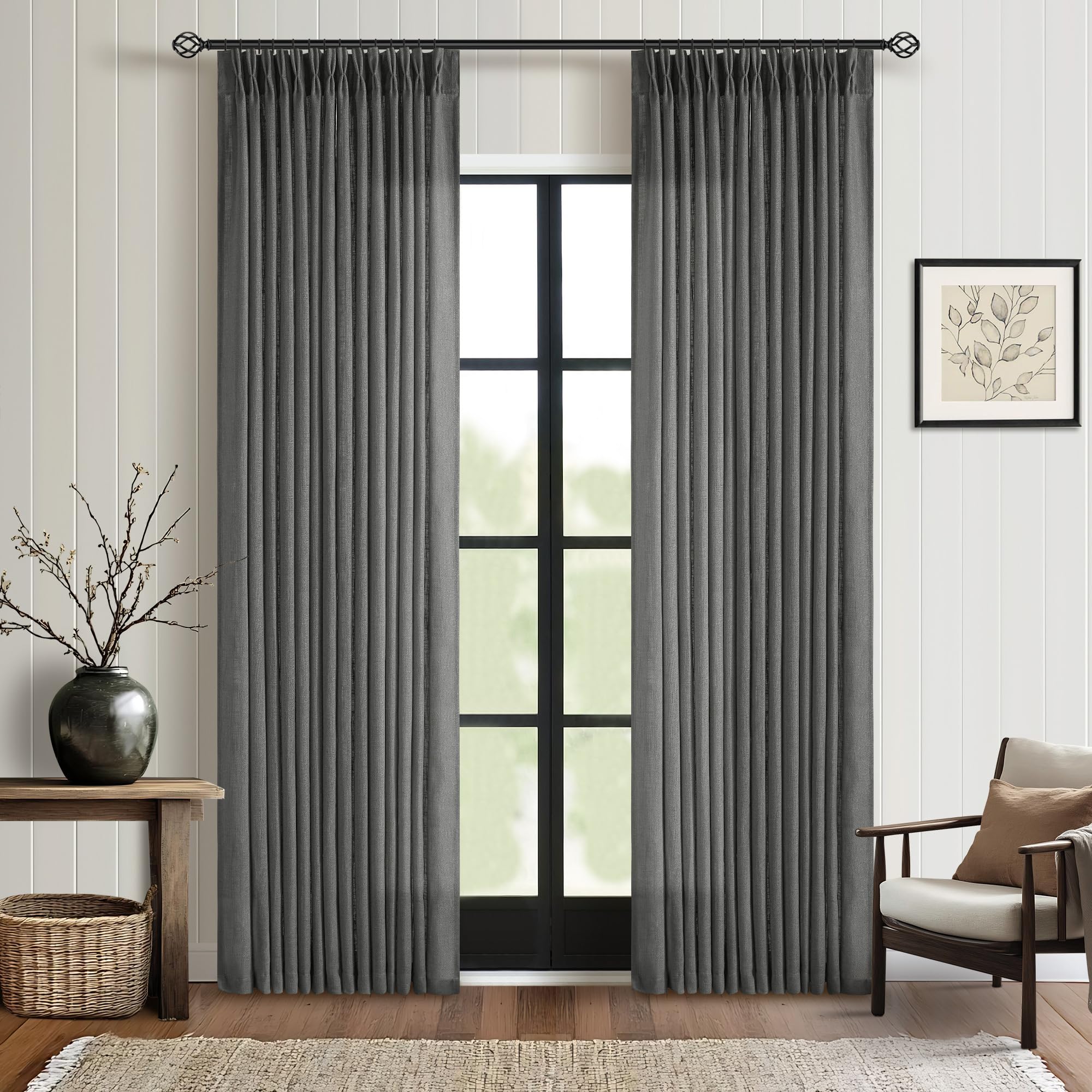 Pinch Pleated Linen Curtains 108 Inches Long for Living Room 2 Panels Set Cream Ivory Flax Double Pleated Drapes Back Tab Neutral Boho Ceiling Floor 108 Inch Window Curtains Bedroom Natural Birch