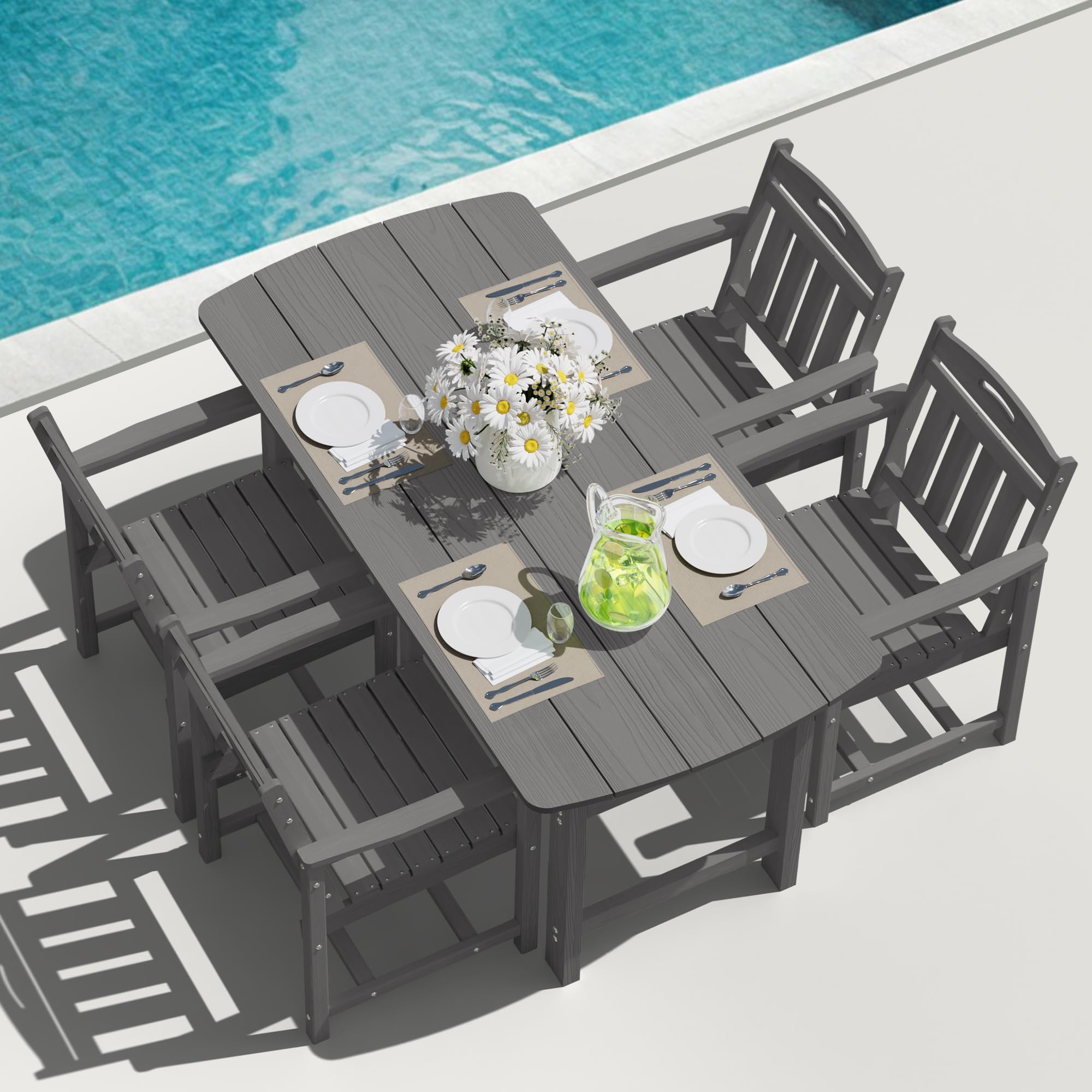 HDPE Outdoor Dining Set, Patio Table and Chairs Set, All-Weather 7-Piece Outside Table and 6 Chairs, 2" Umbrella Hole, Outdoor Furniture for Garden, Poolside, Backyard, Deck | Black