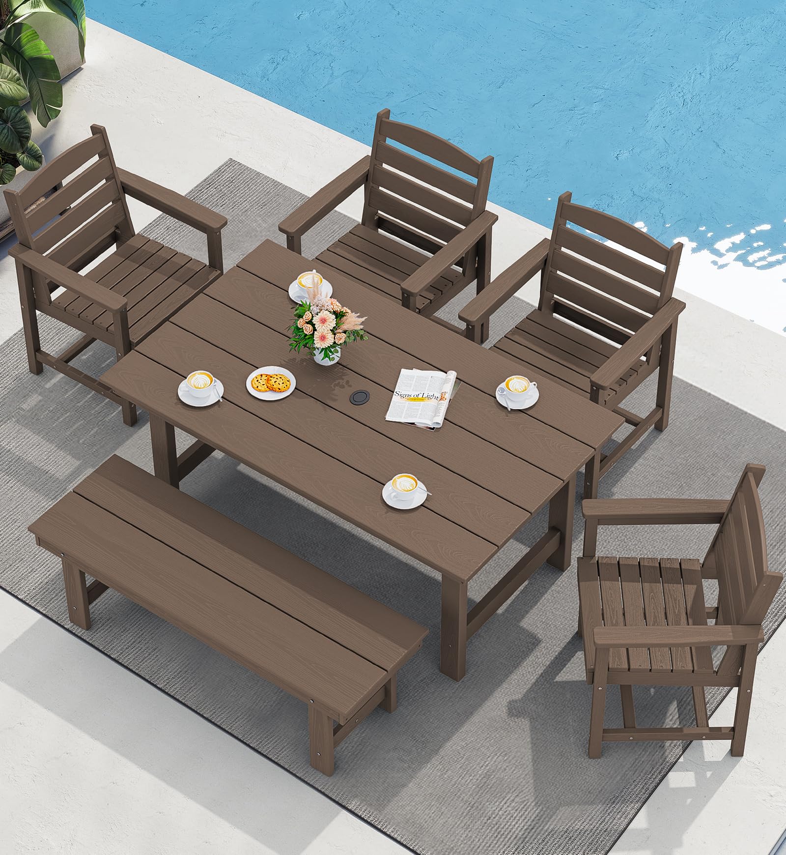 SERWALL 7-Piece Patio Dining Table Sets, Outdoor HDPE Dining Furniture Set with Umbrella Hole Cut-Out Table and 6 Chairs, Blue