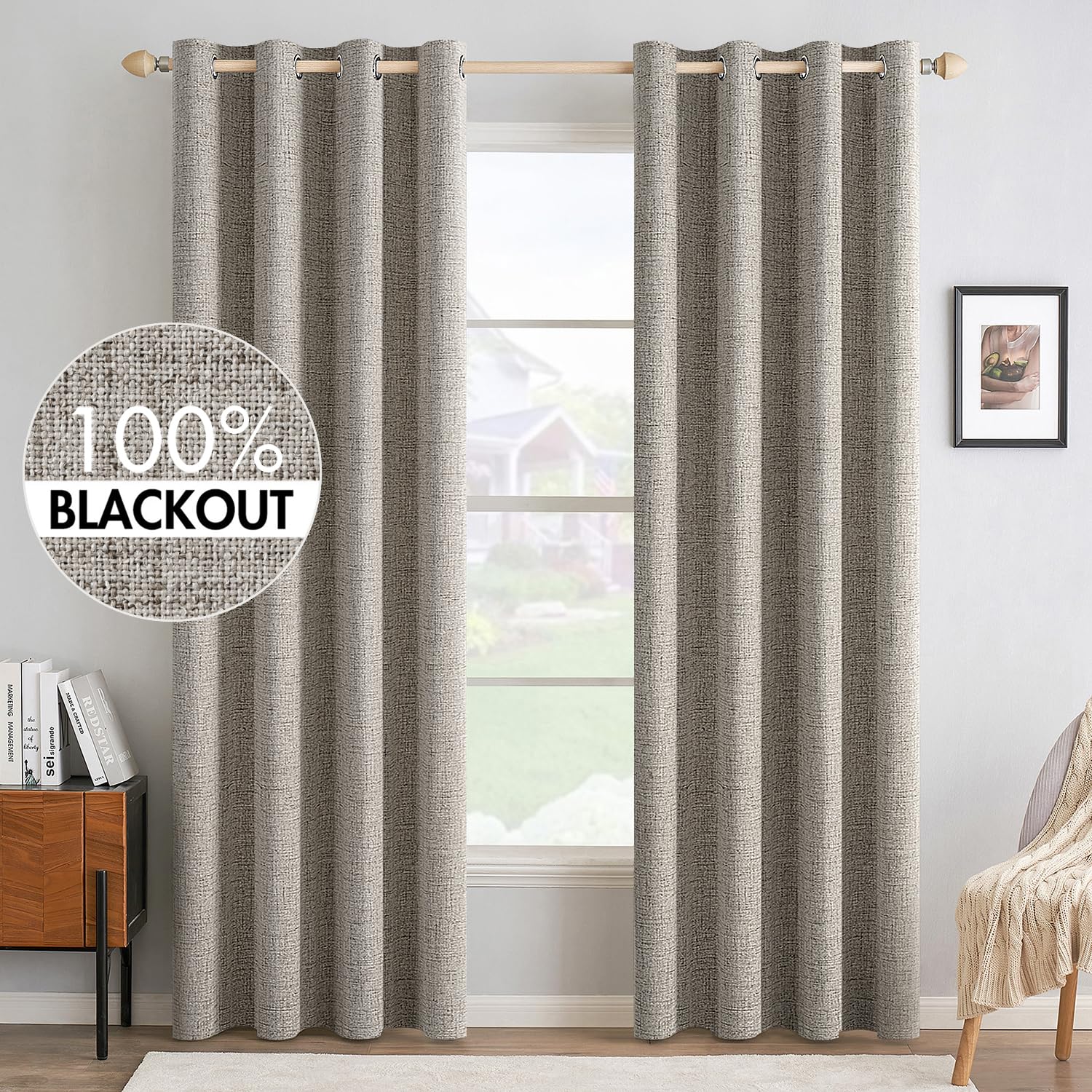 MIULEE Linen Texture Curtains for Bedroom Solid 100% Blackout Thermal Insulated Dusty Blue Curtains Grommet Room Darkening Drapes Luxury Decor for Living Room Nursery 52x84 Inch (2 Panels)