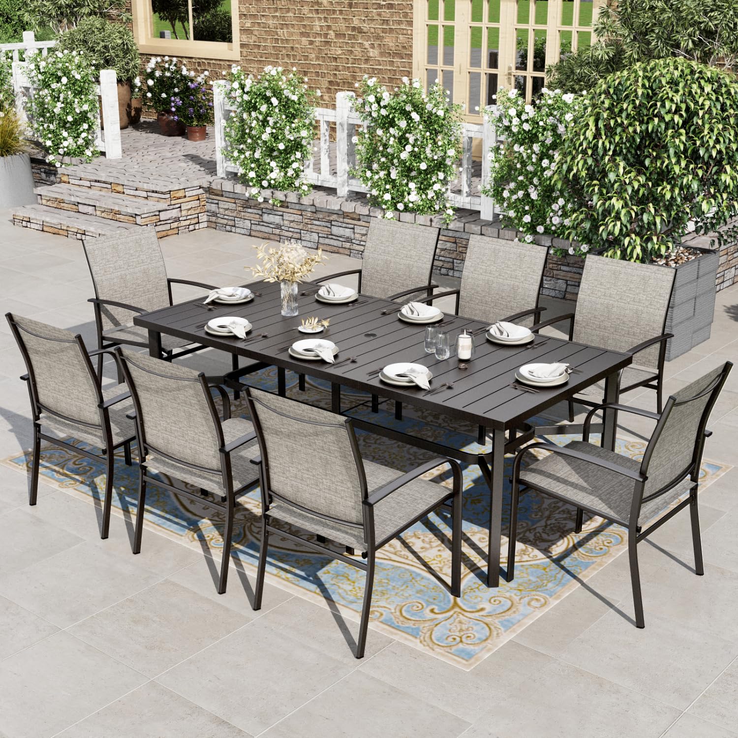HERA'S HOUSE Patio Table and Chairs for 6, 7 Pieces Outdoor Deck Dining Sets, Wood-Like Rectangular Metal Table Set with Chairs for Lawn Garden Backyard, Brown