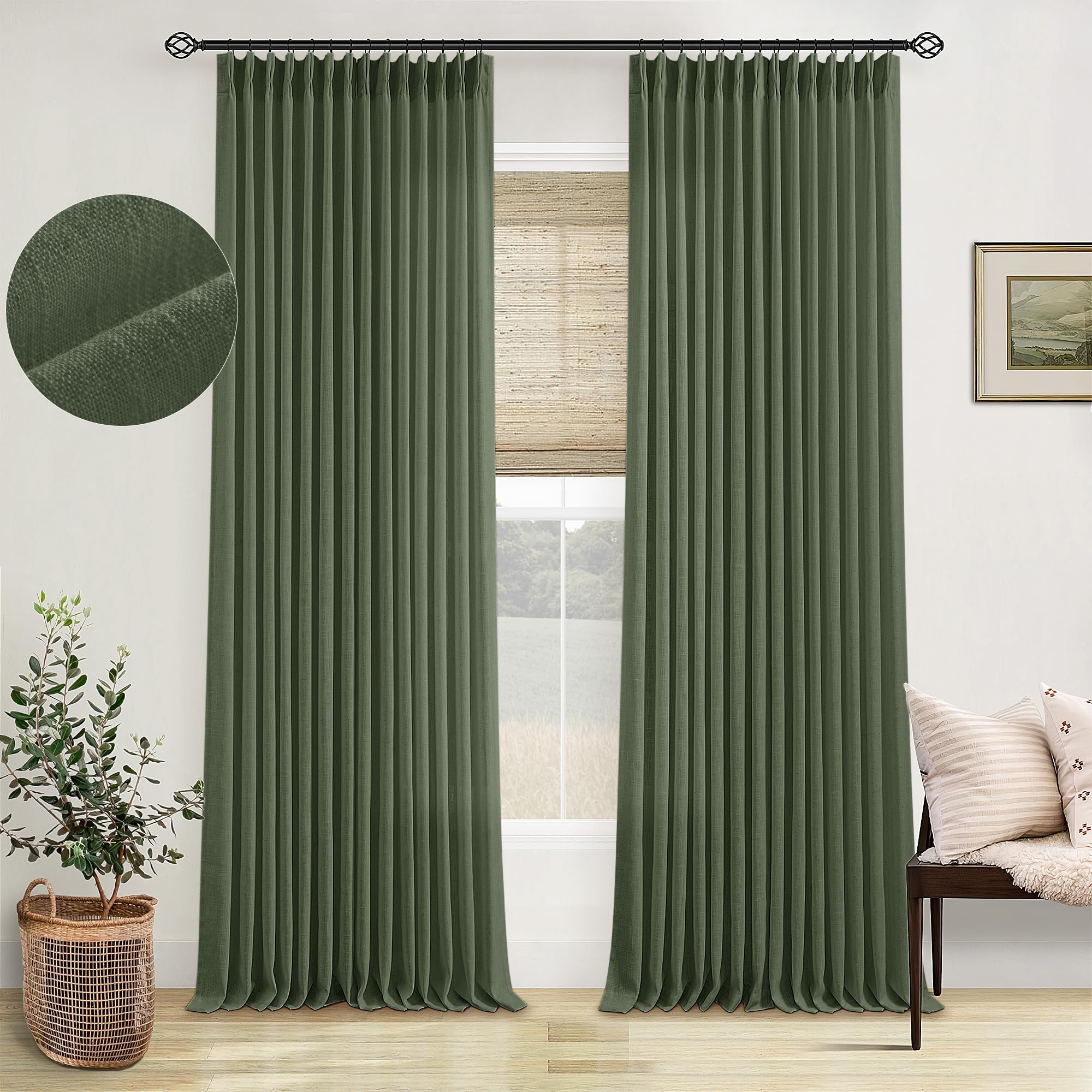 Pinch Pleated Linen Curtains 108 Inches Long for Living Room 2 Panels Set Cream Ivory Flax Double Pleated Drapes Back Tab Neutral Boho Ceiling Floor 108 Inch Window Curtains Bedroom Natural Birch