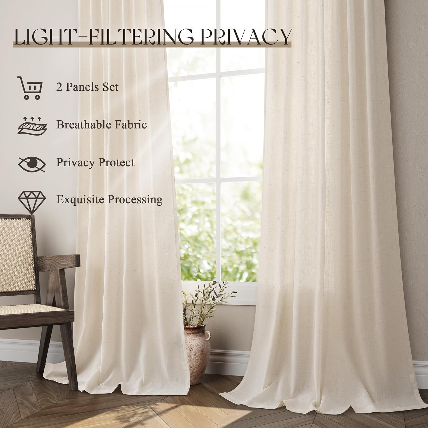 Flax Linen Beige Curtains 96 inches Long 2 Panel for Living Room Back Tab Pocket Drapes Semi Sheer Privacy Khaki Window Curtain Country Rustic Farmhouse Cloth Curtain for Dinning Room Tan