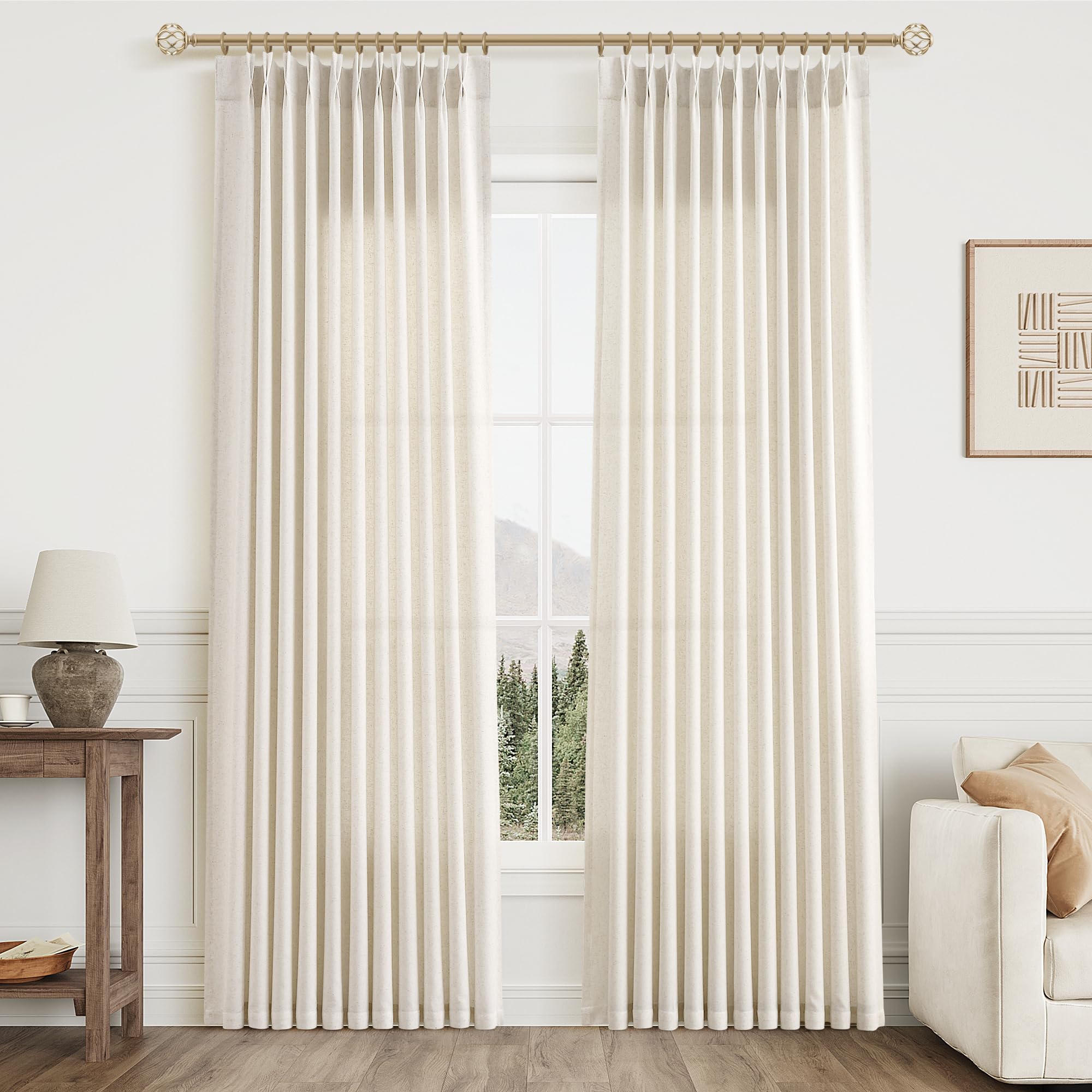 Extra Long Linen Curtains 108 Inch for Living Room Cream Pinch Pleated 9 FT Drapes Semi Sheer Ceiling to Floor Curtain for Bedroom Back Tab Flax Neutral Boho Decor Window, Natural Beige Ivory 2 Panels