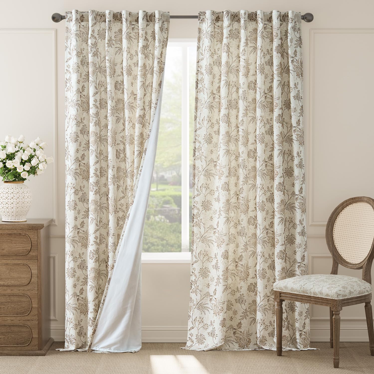 jinchan Linen Floral Curtains for Living Room with Printed Flower 84 Inches Long Light Filtering French Country Back Tab Rod Pocket Taupe Window Curtain Set Farmhouse Drapes 2 Panels Taupe