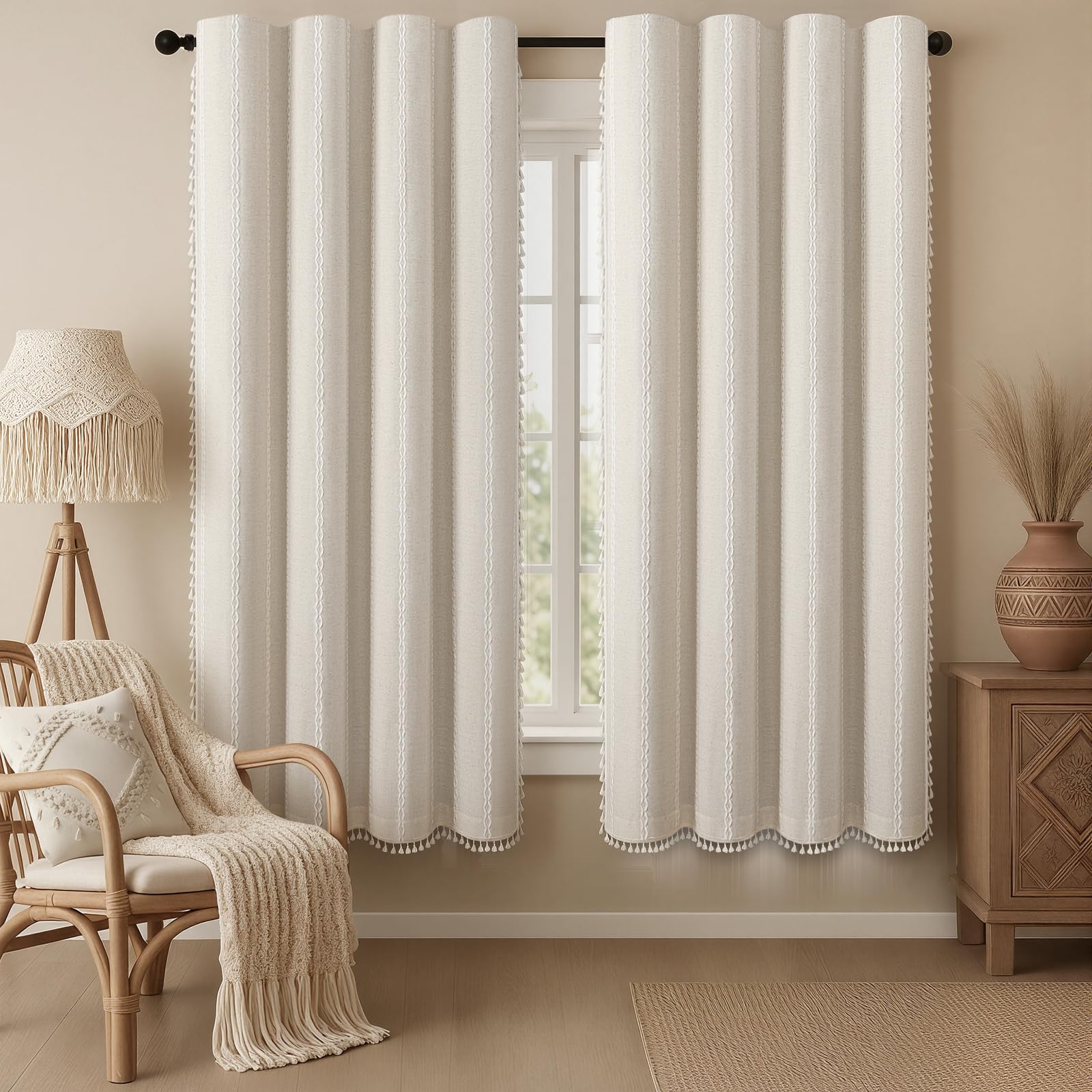 Boho Blackout Curtains 2 Panels 84 Inch for Living Room Bedroom, Beige Linen Texture Farmhouse Curtains with Tassels and Cotton Embroidery Vintage Rustic Western Rod Pocket