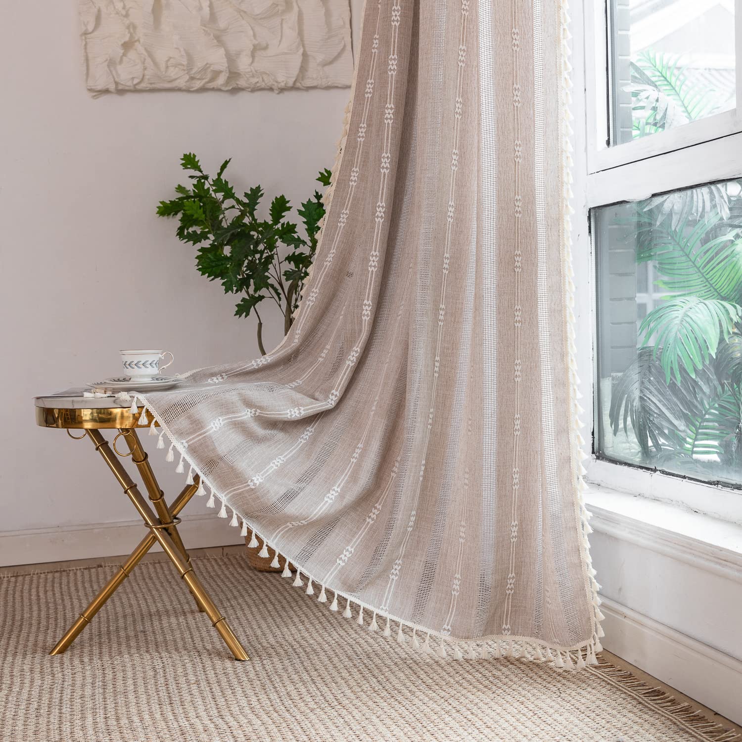 Boho Curtains Semi-Blackout 84 Inch 2 Panels for Living Room, Linen Tassels Farmhouse Curtains with Embroidery for Bedroom Rod Pocket Draperies 52" W x 84" L, Off White