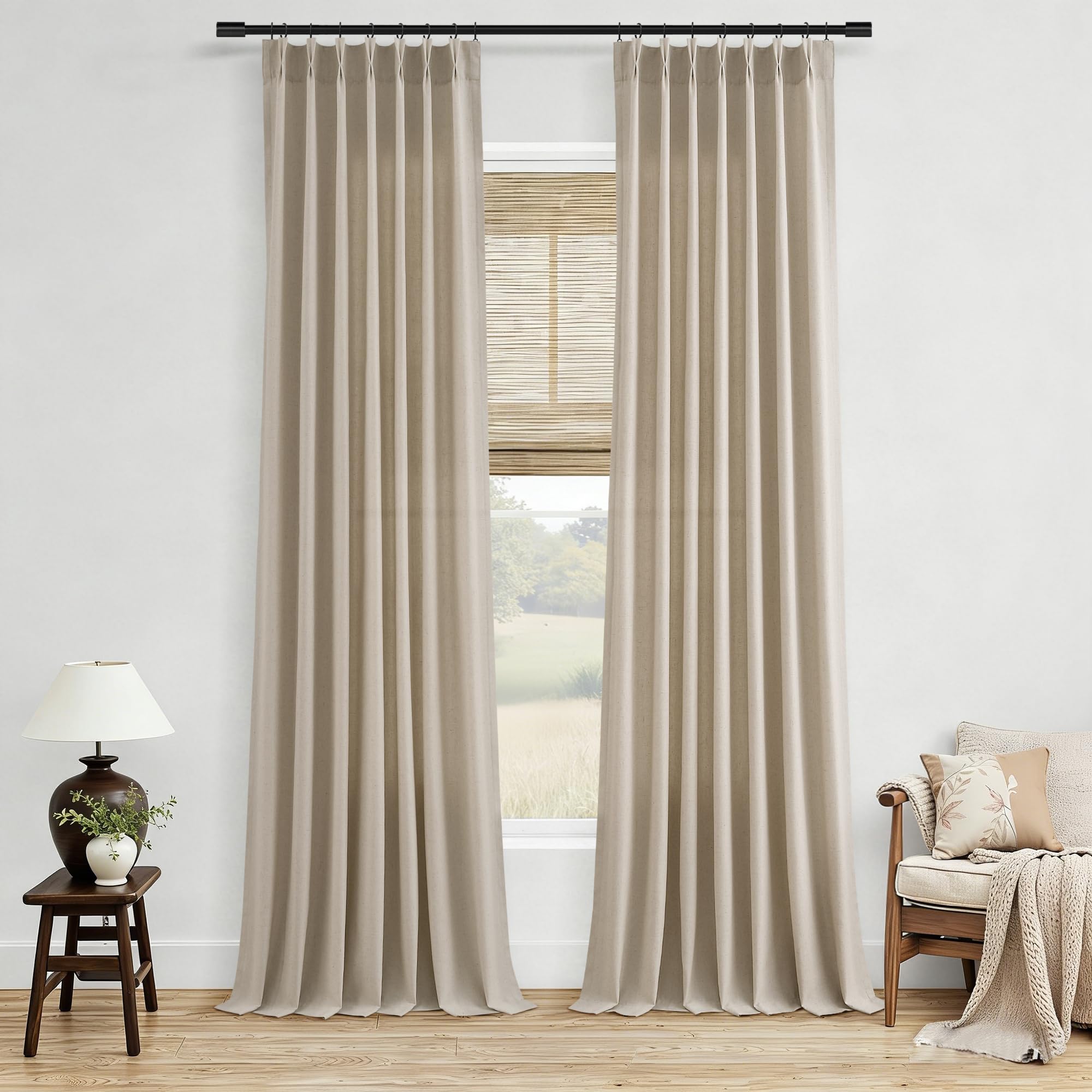 Extra Long Linen Curtains 108 Inch for Living Room Cream Pinch Pleated 9 FT Drapes Semi Sheer Ceiling to Floor Curtain for Bedroom Back Tab Flax Neutral Boho Decor Window, Natural Beige Ivory 2 Panels