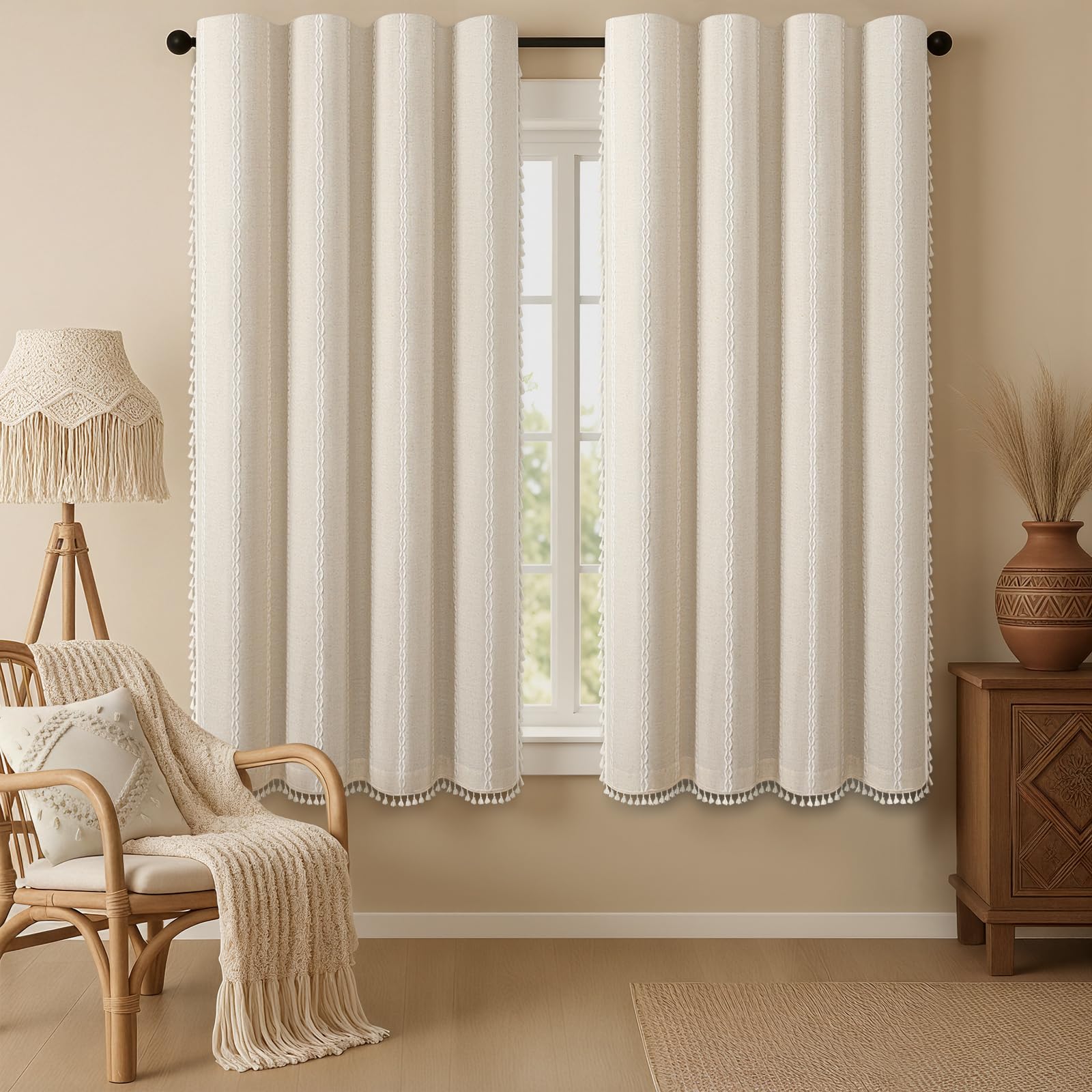 Boho Blackout Curtains 2 Panels 84 Inch for Living Room Bedroom, Beige Linen Texture Farmhouse Curtains with Tassels and Cotton Embroidery Vintage Rustic Western Rod Pocket