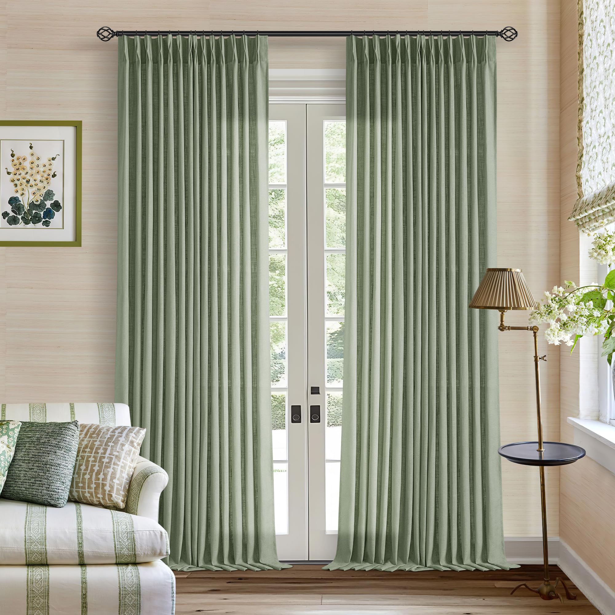 Pinch Pleated Linen Curtains 108 Inches Long for Living Room 2 Panels Set Cream Ivory Flax Double Pleated Drapes Back Tab Neutral Boho Ceiling Floor 108 Inch Window Curtains Bedroom Natural Birch
