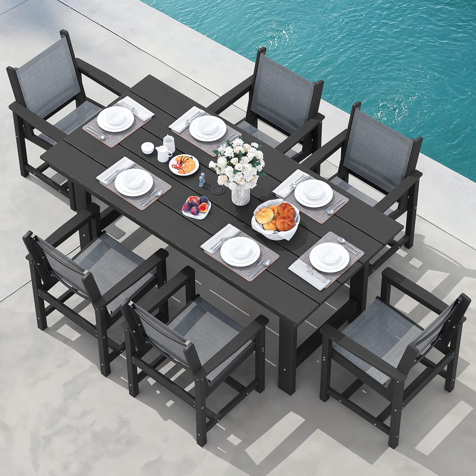 SERWALL Patio Dining Sets for 6 Person, HDPE Dining Set with 6 Armless Chairs, Black