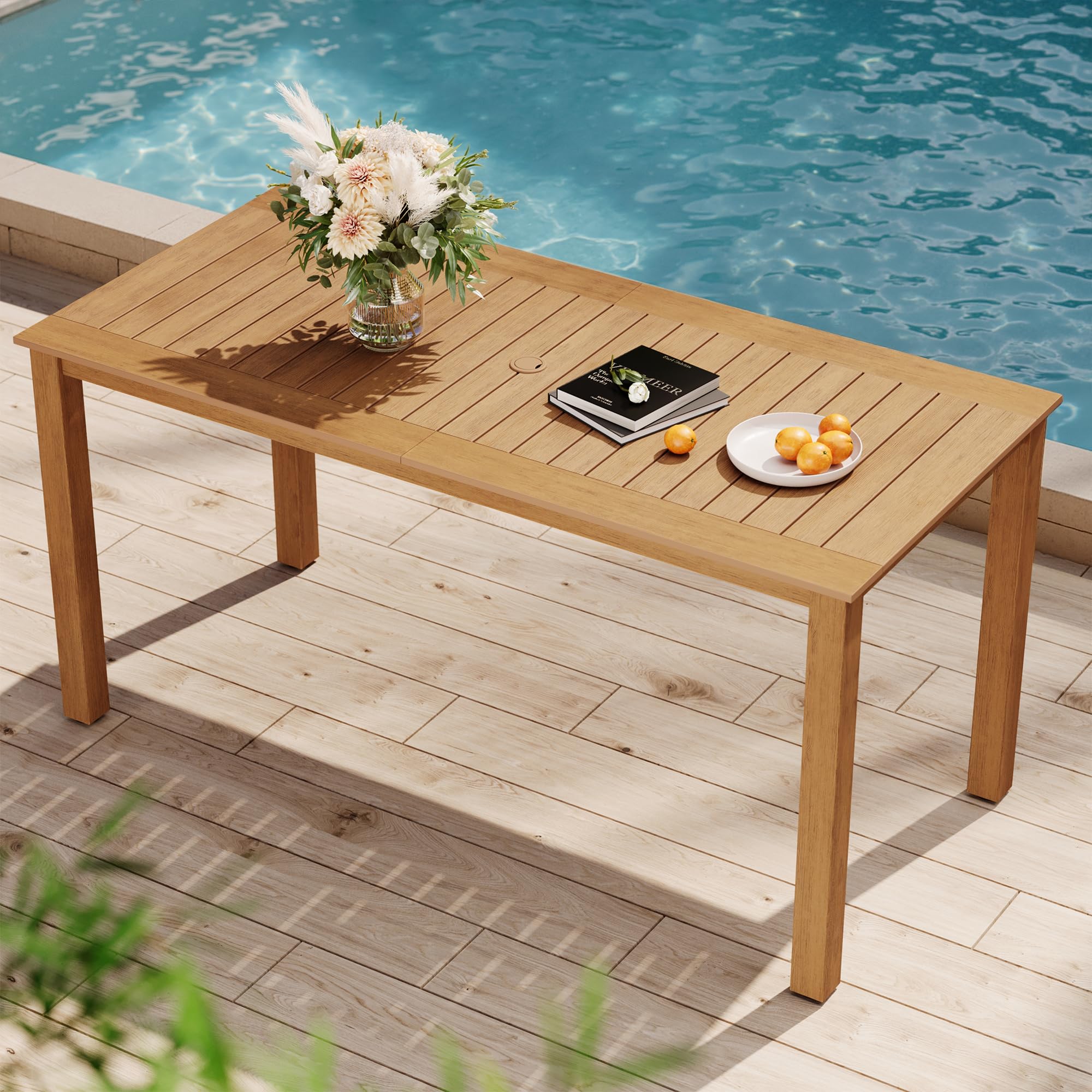 YEFU HIPS Patio Table Set: 7 Piece Outdoor Table and Chairs Dining Furniture Set with Umbrella Hole - Teak Modern Plastic Dining Sets 6 Person for Outside Deck with Metal Aluminum Frame