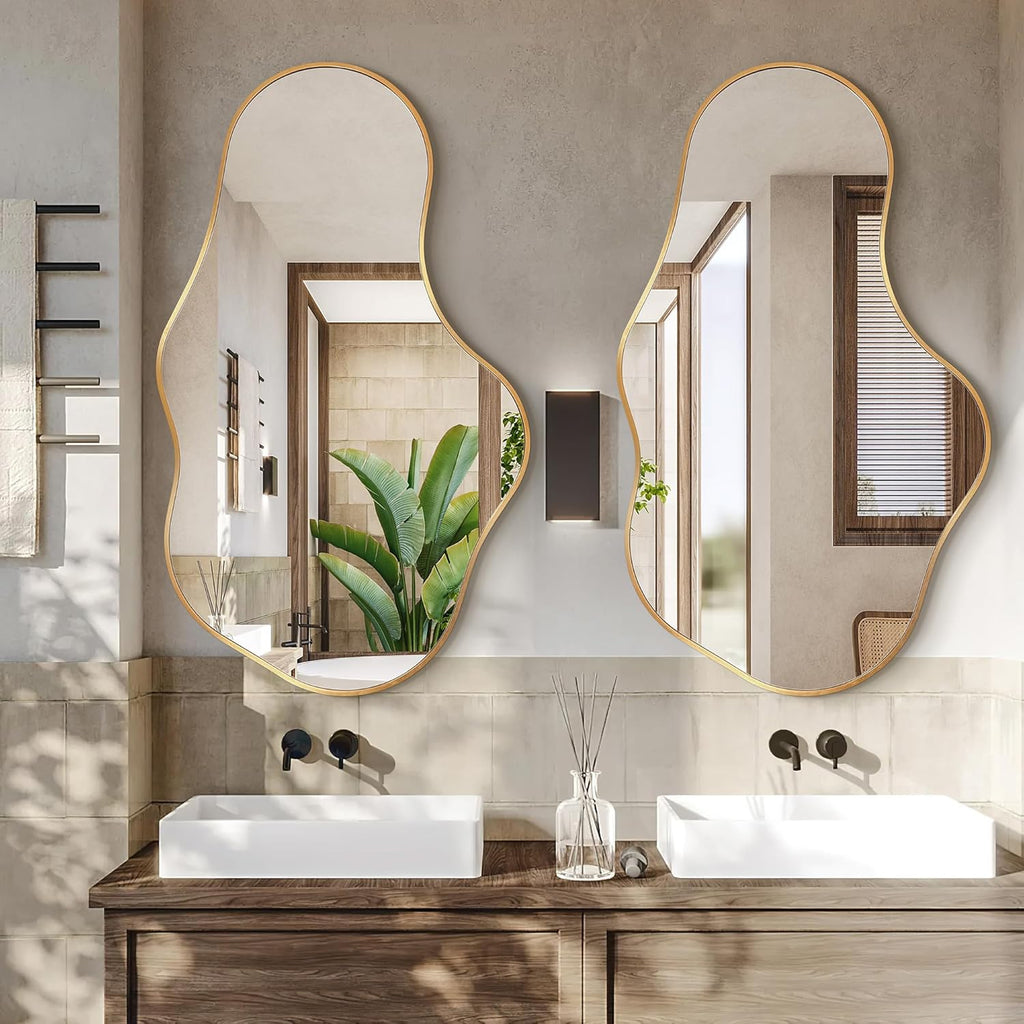 Dorlicecass 22"×36" Gold Aluminum Framed Irregular Asymmetrical Decor Wall Mirror for Bathroom Bedroom Entryway